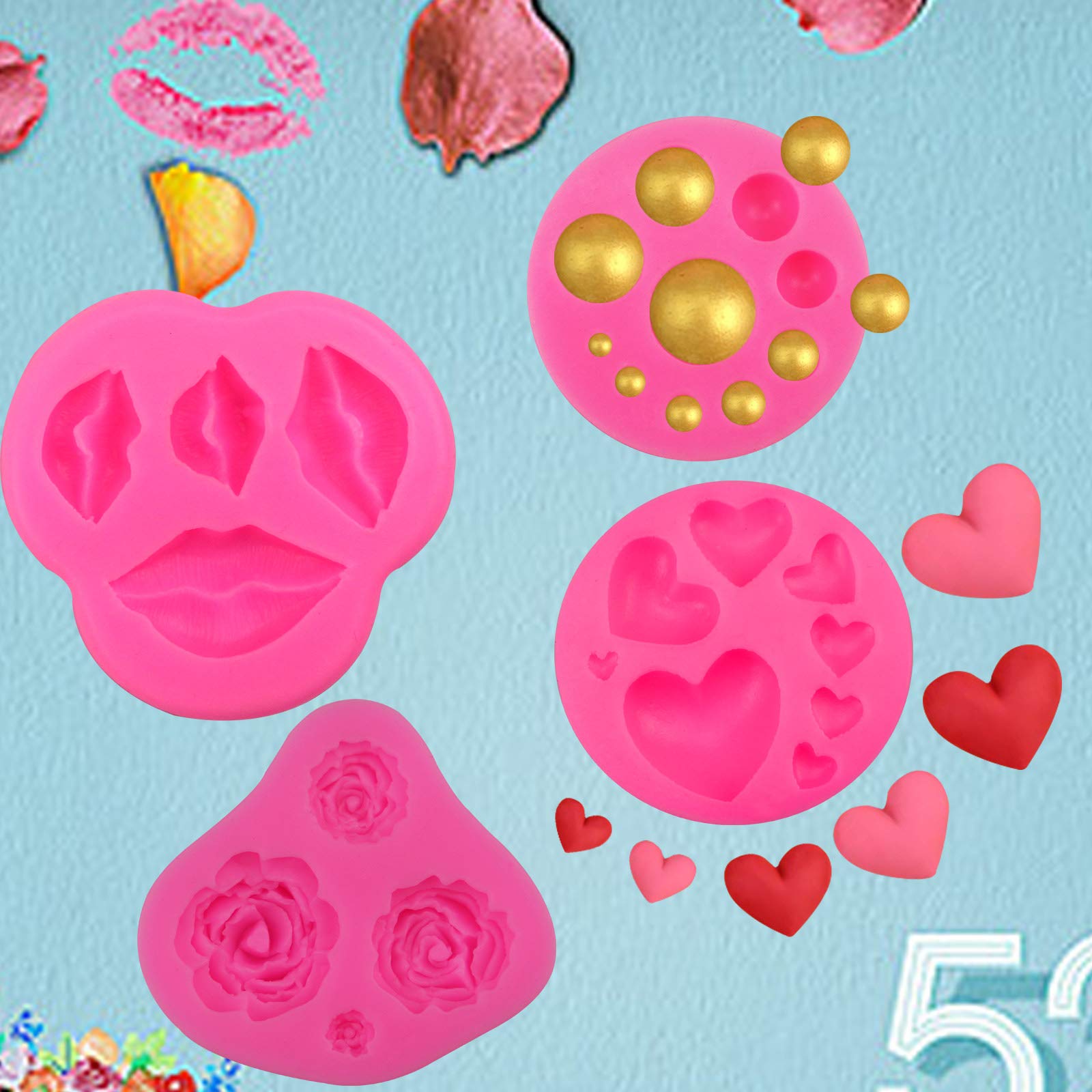 4-Piece Rose Heart Lips Dot Silicone Molds for Fondant, Gum Paste, Candy & Chocolate - DIY Cake Decorating, Sugar Crafts, Cupcake Toppers & Wedding Desserts