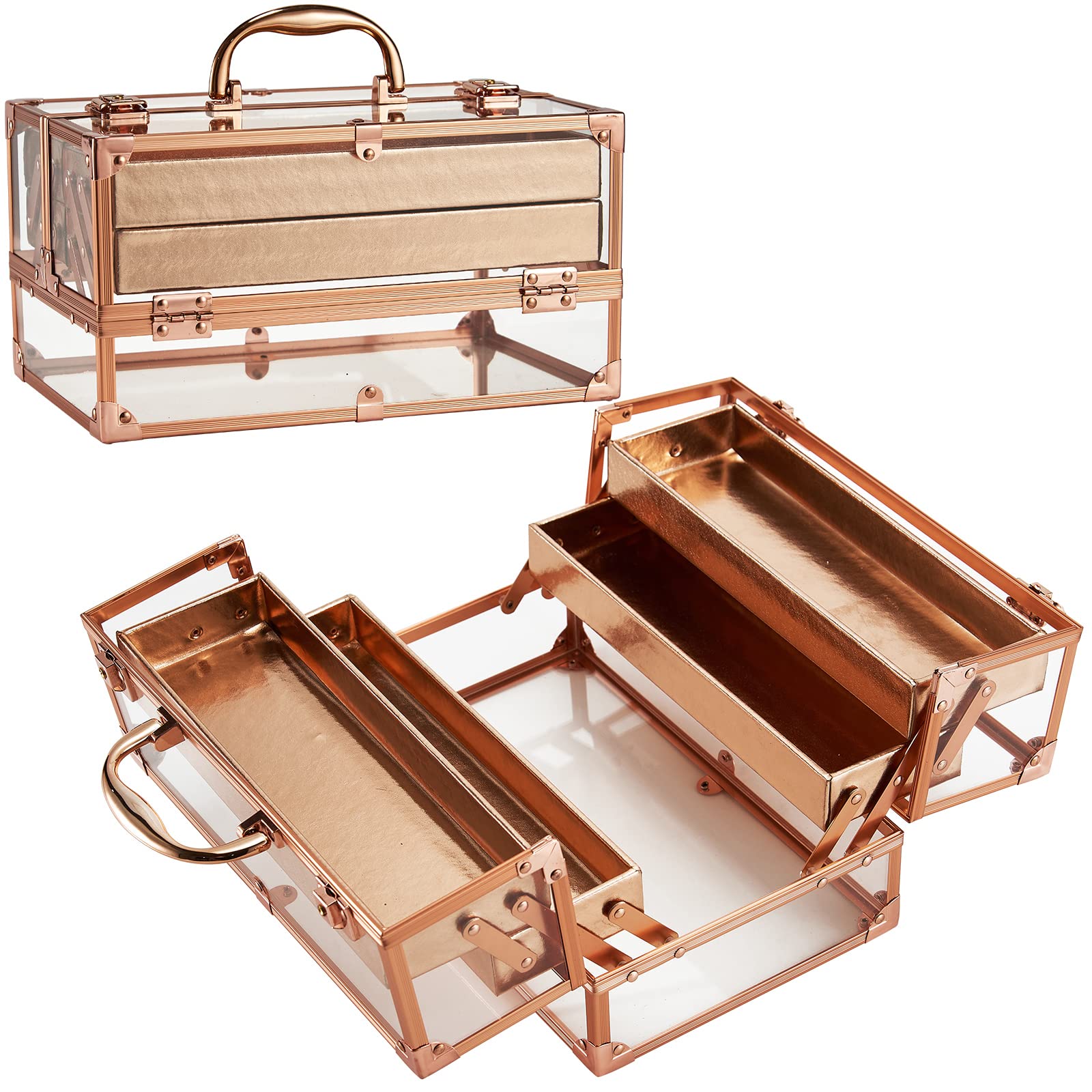 Frenessa Professional Makeup Train Case - Acrylic Cosmetic Storage Organizer with 4 Trays, Portable Jewelry & Makeup Display Box for Stylists, Artists & Travel - Rose Gold | Perfect for Salon, Home Vanity & On-the-Go Beauty Organization