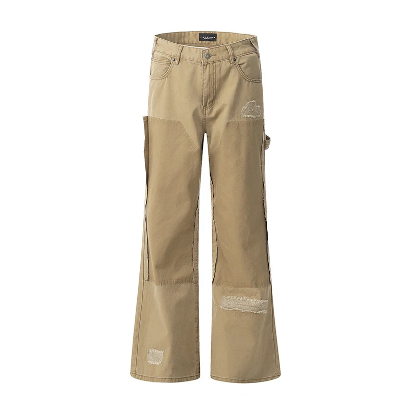 **Men's Cargo Jeans - Straight Wide Leg with Stylish Pockets | Trendy Hole & Solid Color Design | Casual Summer Bottoms for Outdoor & Streetwear | Model 9W1894**