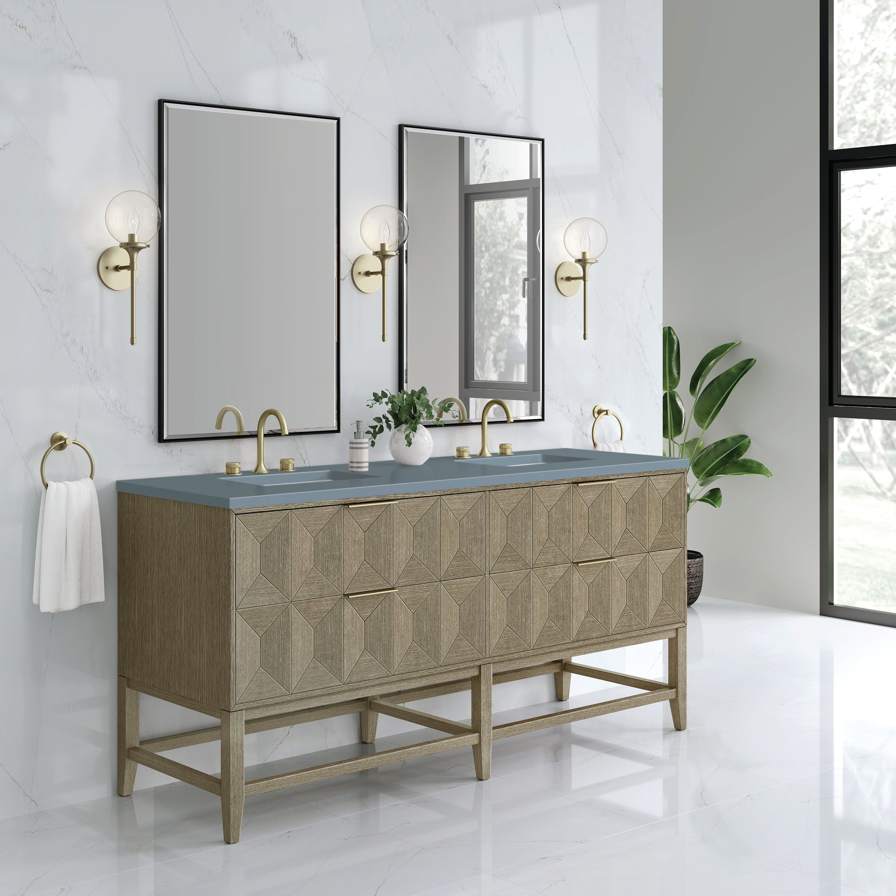 Emmeline 72 Inch Double Bathroom Vanity with Pebble Oak Finish & 3CM Cala Blue Quartz Top - Perfect for Master Bathroom Remodeling and Modern Home Decor