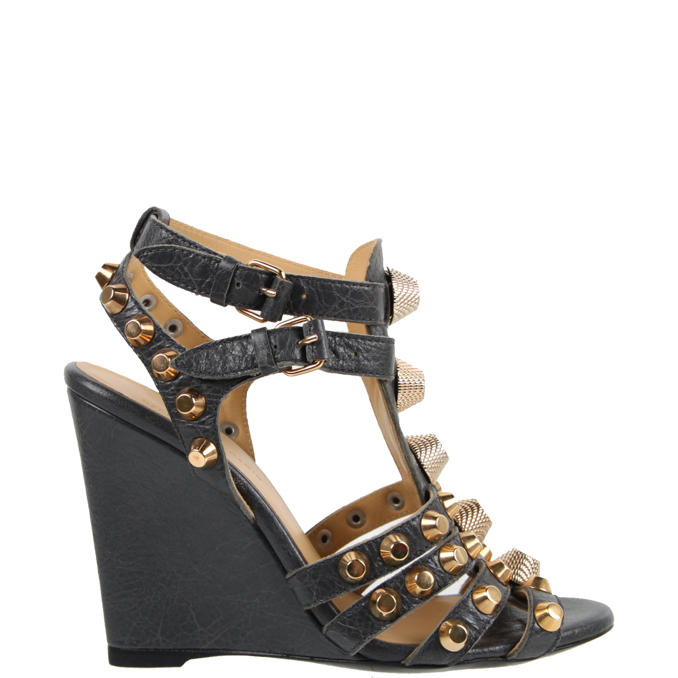 Studded Gladiator Wedge Sandals 100 G12 - Tarmac/Gold Color | Women's Fashion Footwear for Summer, Parties & Night Out