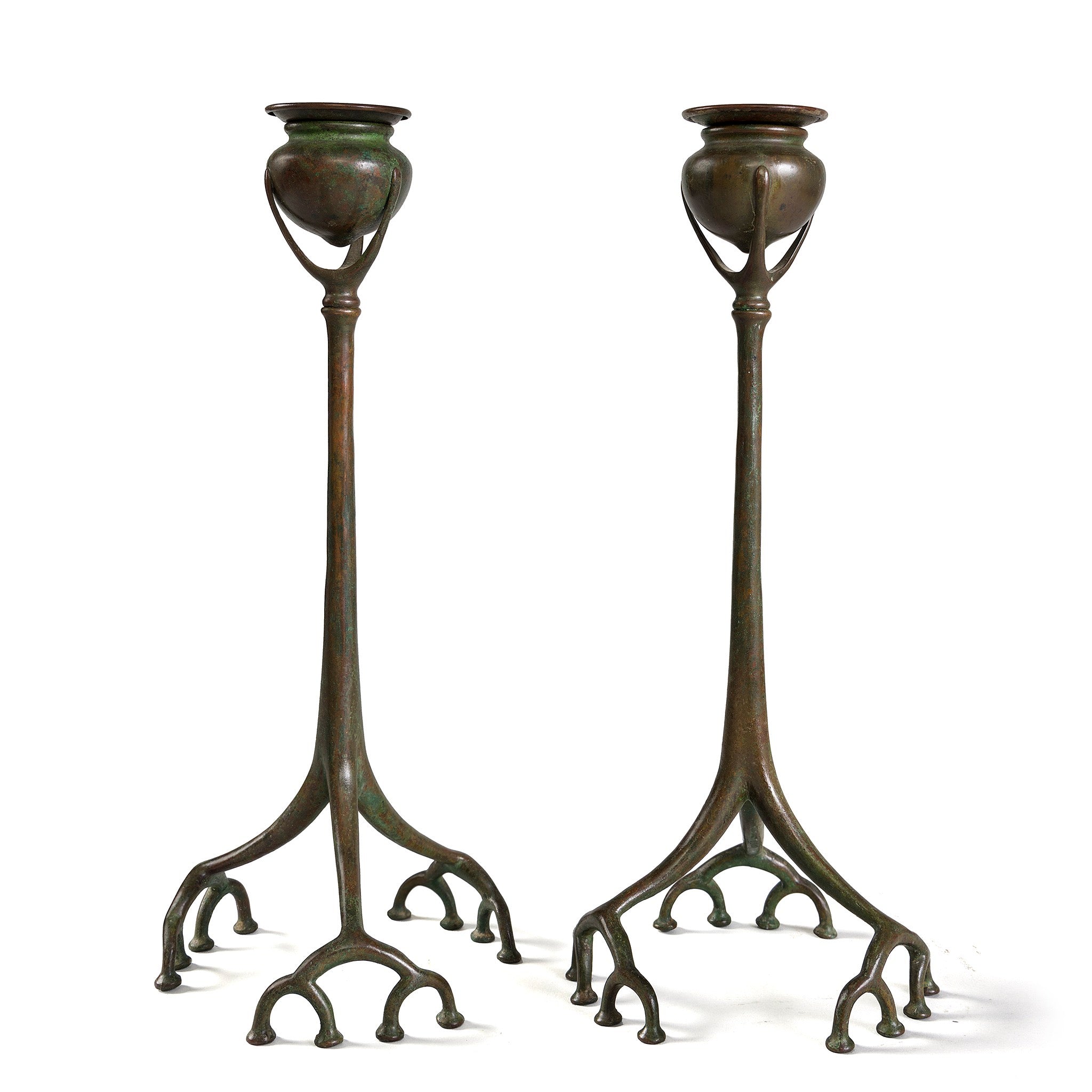 Tiffany Studios New York Pair of Vintage Root Candlesticks - Antique Bronze Candle Holders for Home Decor, Wedding Centerpieces & Romantic Dinner Settings