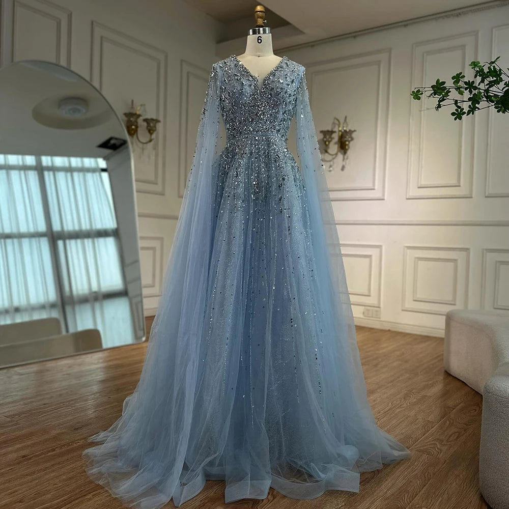 Elegant Blue Evening Gown with Detachable Cape - LA72968 | Perfect for Formal Events, Galas & Special Occasions