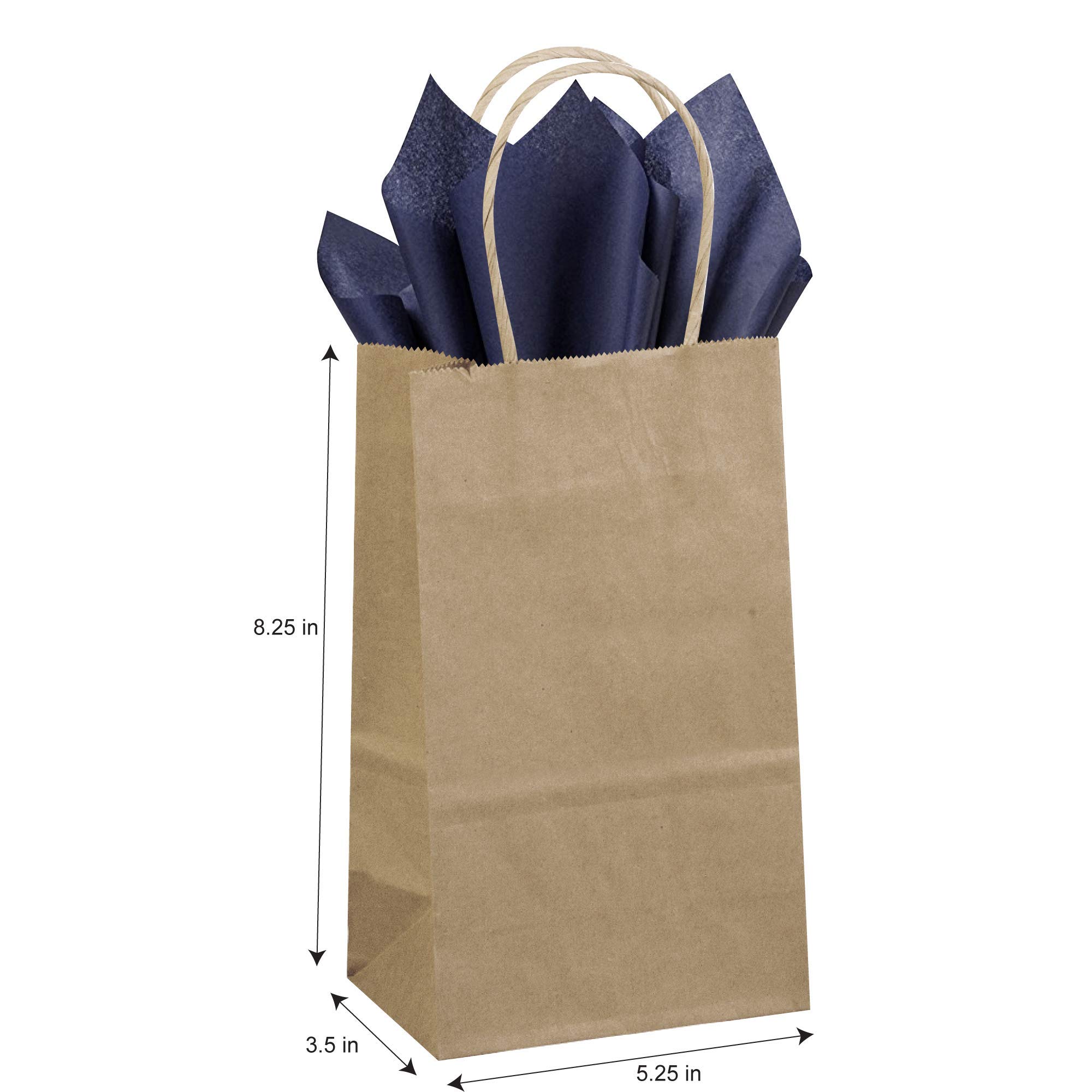Flexicore Packaging® 50-Pack Natural Brown Kraft Paper Gift Bags with 100 Sheets Navy Blue Tissue Paper - Eco-Friendly Wedding, Birthday & Party Favor Packaging Supplies for Gifts, Favors & Retail Displays