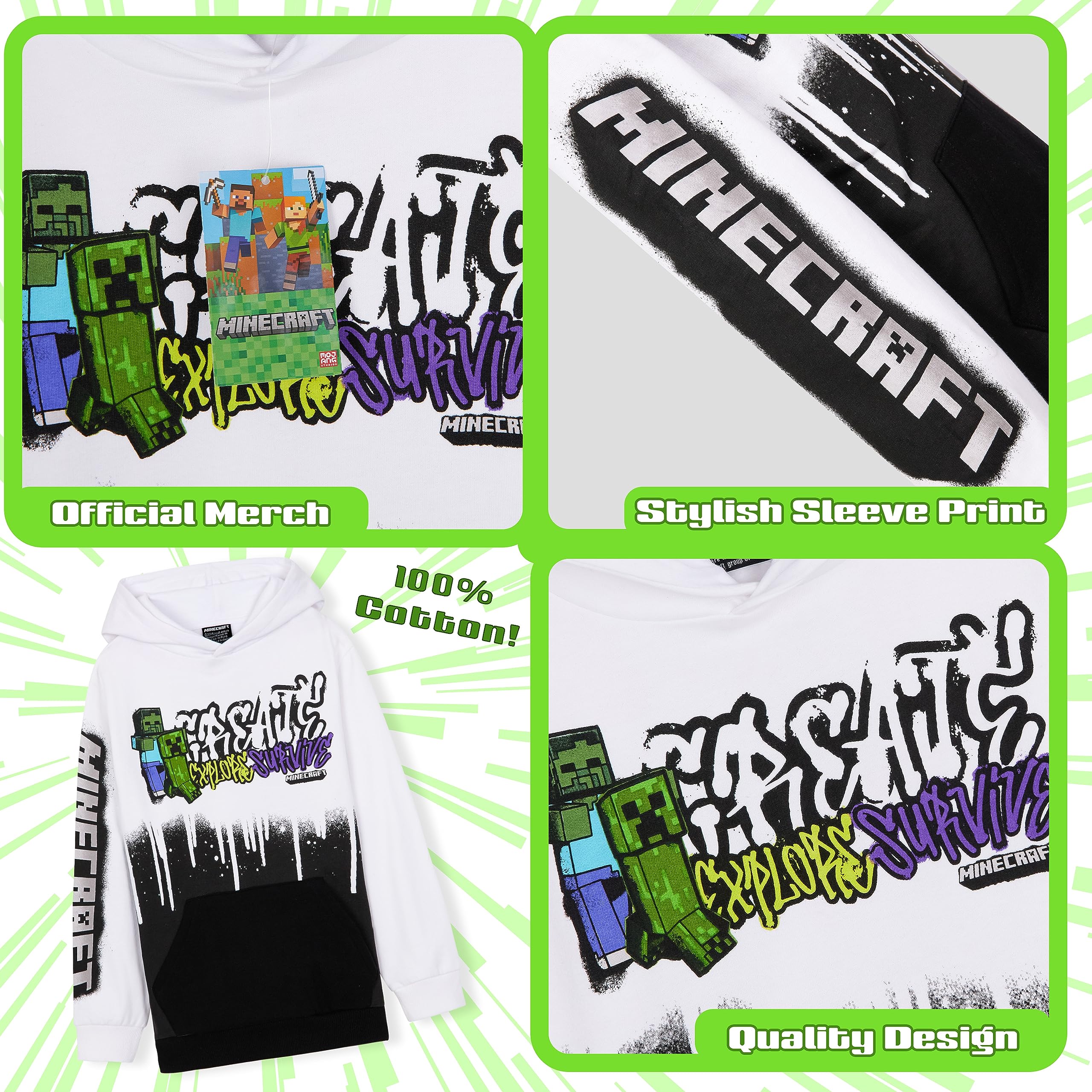 Minecraft Creeper Hoodie for Boys & Teens (Ages 5-14) - Gaming Gifts for Kids - Perfect for School, Gaming Parties & Everyday Wear