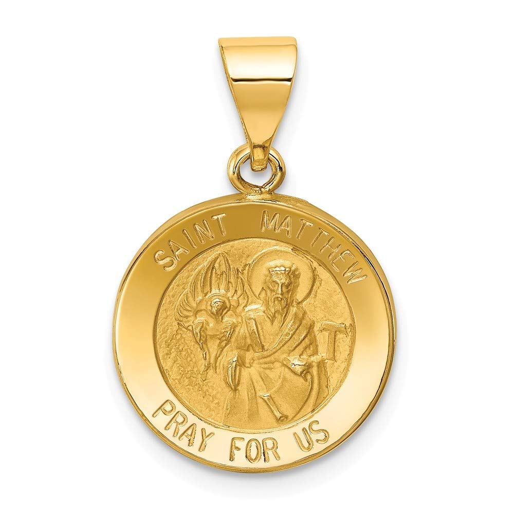 14K Yellow Gold Hollow Satin Finish Engravable St. Matthew Medal Pendant Necklace for Women - Religious Jewelry Gift for Baptism, Confirmation & First Communion