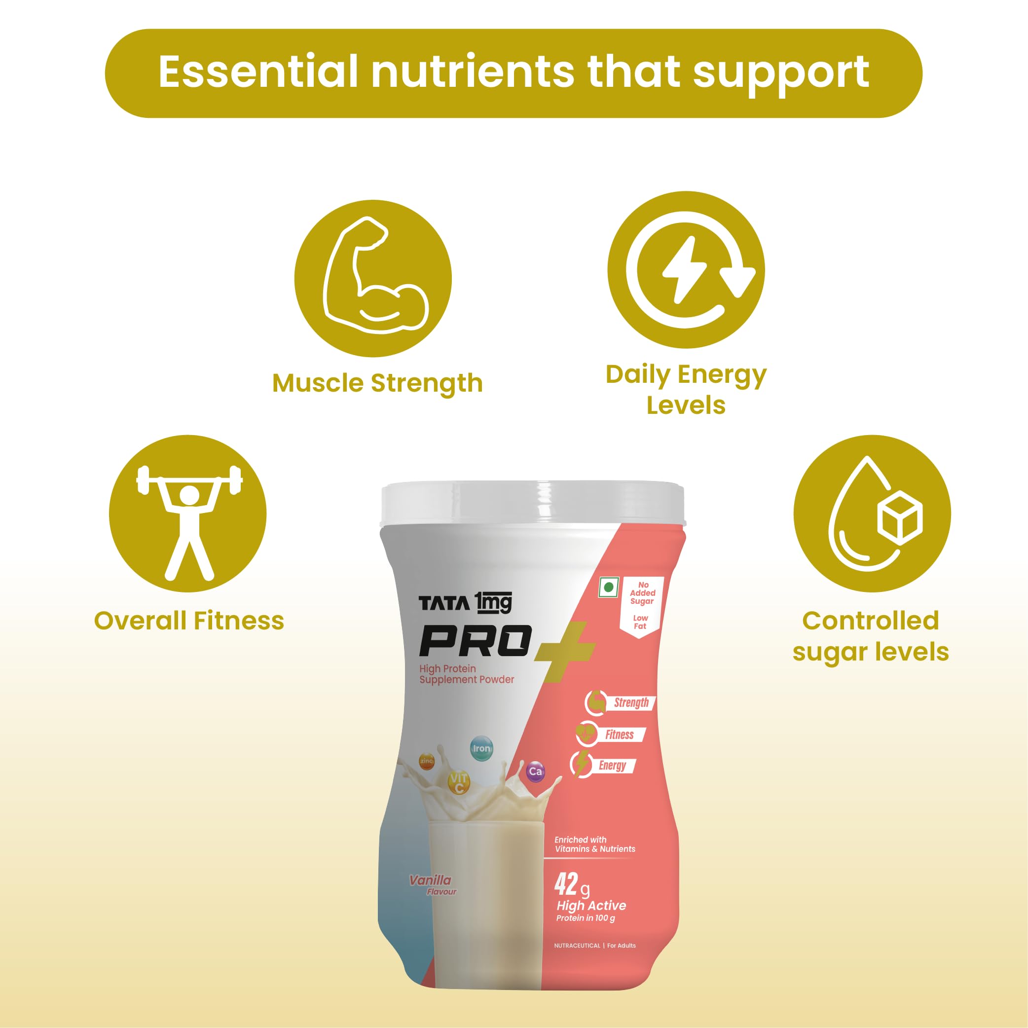Tata 1mg Pro+ Soy Protein Powder - 23 Essential Nutrients for Muscle Growth, Bone Strength & Energy | Low Fat, No Added Sugar, Vanilla Flavor | Ideal for Post-Workout Recovery, Weight Management & Healthy Lifestyle