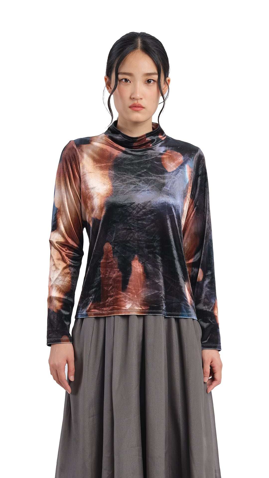 Stylish Watercolor Graphic Velour High Neck Top for Women | Trendy Long Sleeve Blouse | Perfect for Casual Outings, Date Nights & Fall Layering