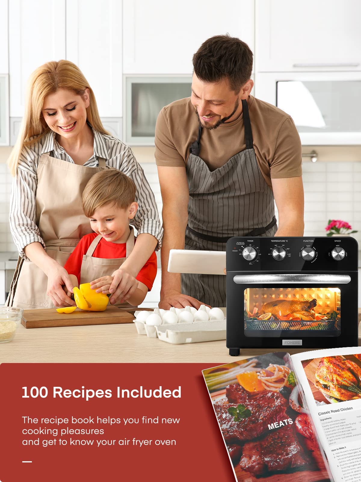 FOHERE 23L Air Fryer Oven with Rotisserie - 6-in-1 Multi-Function Countertop Convection Oven, Oil-Free Cooking, Energy Saving Independent Temp Control, Includes 6 Accessories & 100 Recipes (1700W) - Perfect for Small Kitchens, Healthy Meals, and Quick Family Dinners