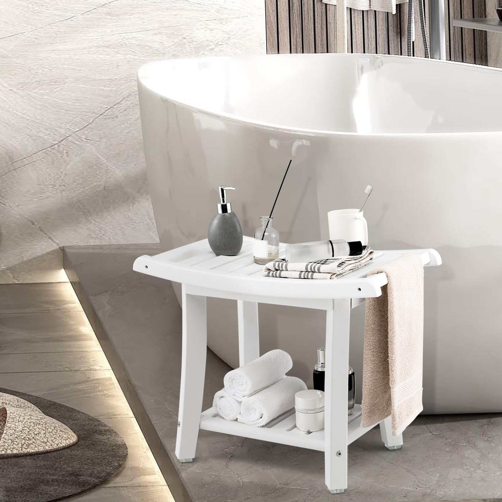 Giantex Shower Chair with Storage Shelf - Non-Slip Waterproof HDPE Shower Seat with Handles & Adjustable Feet - 2-Tier Bathroom Stool for Seniors, Adults & Disabled - Perfect for Bathtub Safety & Shower Accessibility