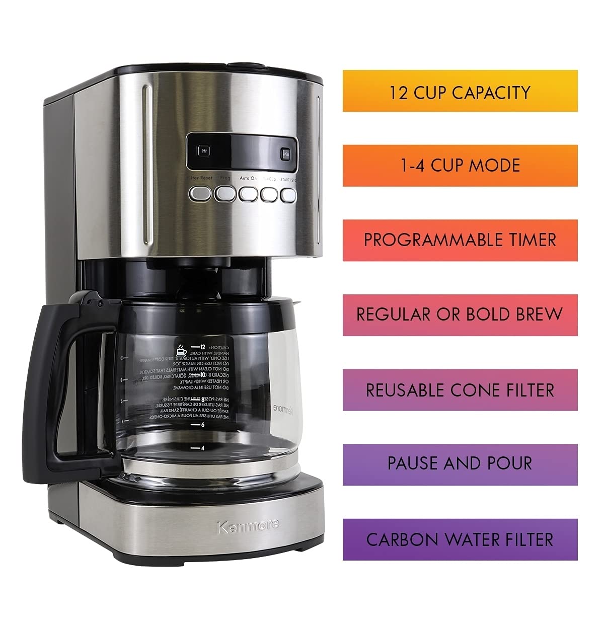 Kenmore 840704 12-Cup Programmable Coffee Maker with Stainless Steel/Black Finish - 3-Pack for Home, Office, or Restaurant Use - Perfect for Brewing Large Batches of Coffee Quickly and Efficiently