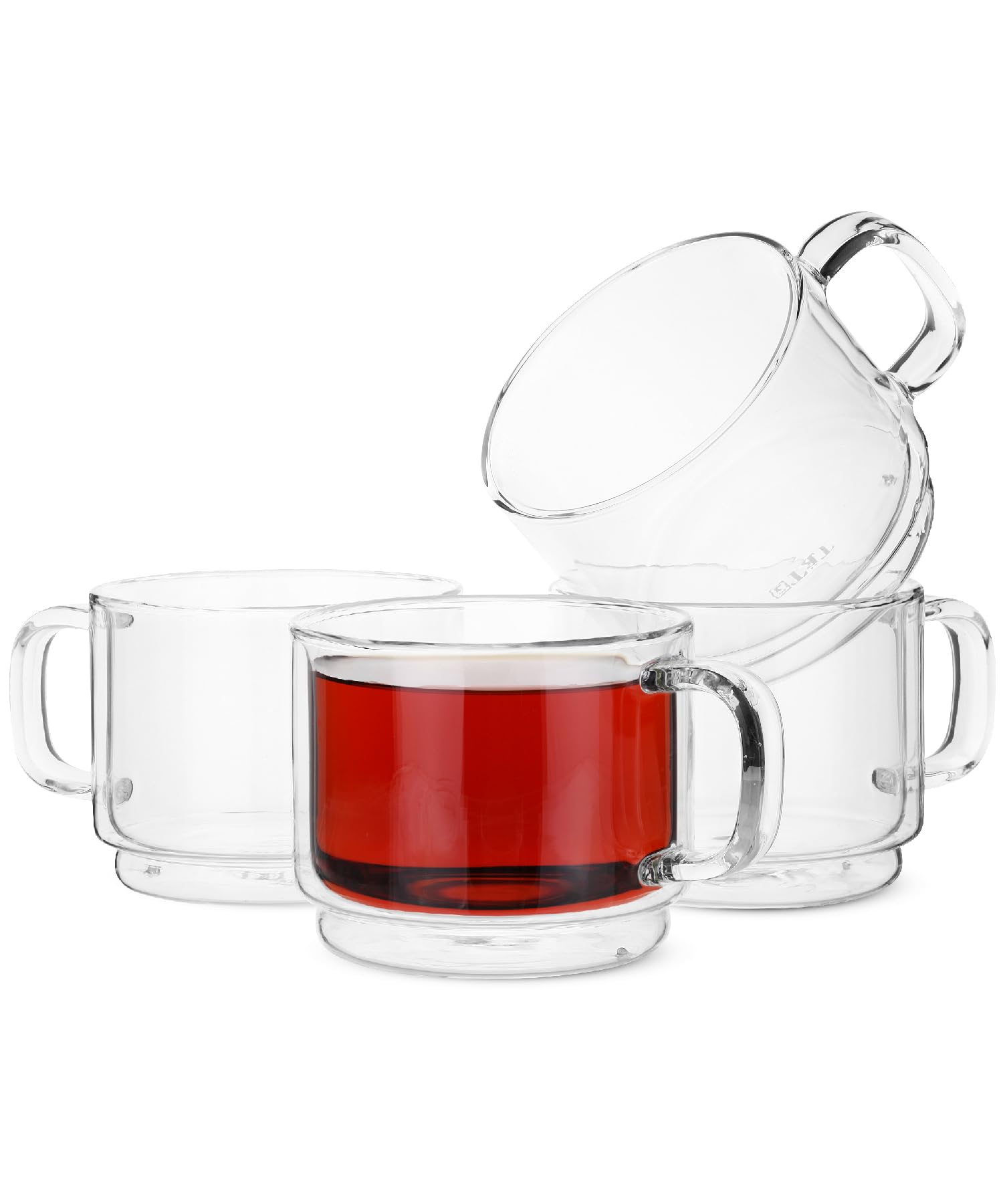 BTaT Stackable Insulated Coffee Mugs - Set of 4 (16oz/500ml) Double Wall Glass Cups for Coffee, Tea & Latte - Clear Glass Coffee Mugs for Home, Office & Travel - Perfect for Hot & Cold Beverages