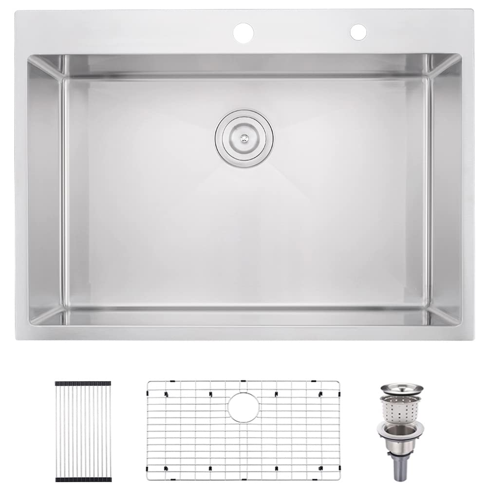 BoomHoze 30 Inch Stainless Steel Drop-In Kitchen Sink - 16 Gauge Topmount Single Bowl with 2-Hole Design | Handmade Deep Prep Sink for Professional Cooking & Dishwashing