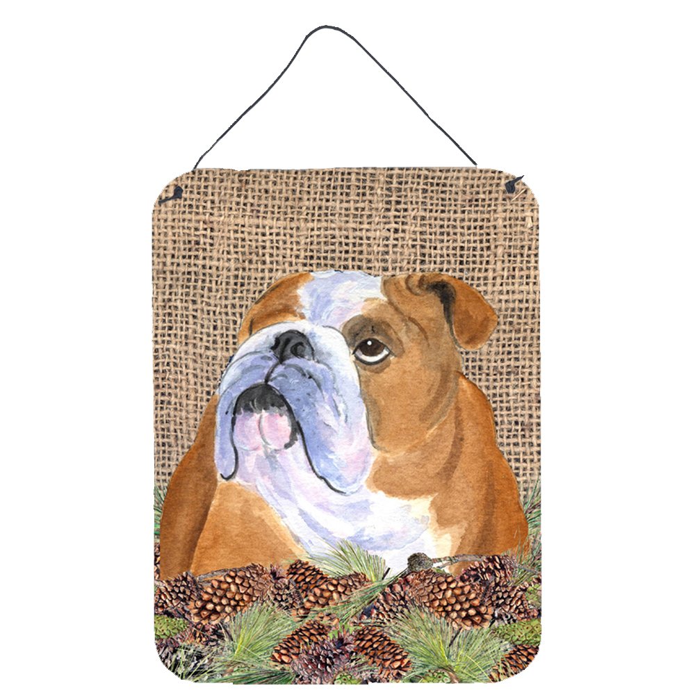 English Bulldog Metal Wall Art Sign - 12x16 Inch Faux Burlap Decor with Pine Cones for Kitchen, Bar, Bathroom, Front Door - Rustic Home Decor Perfect for Dog Lovers & Country Style Interiors