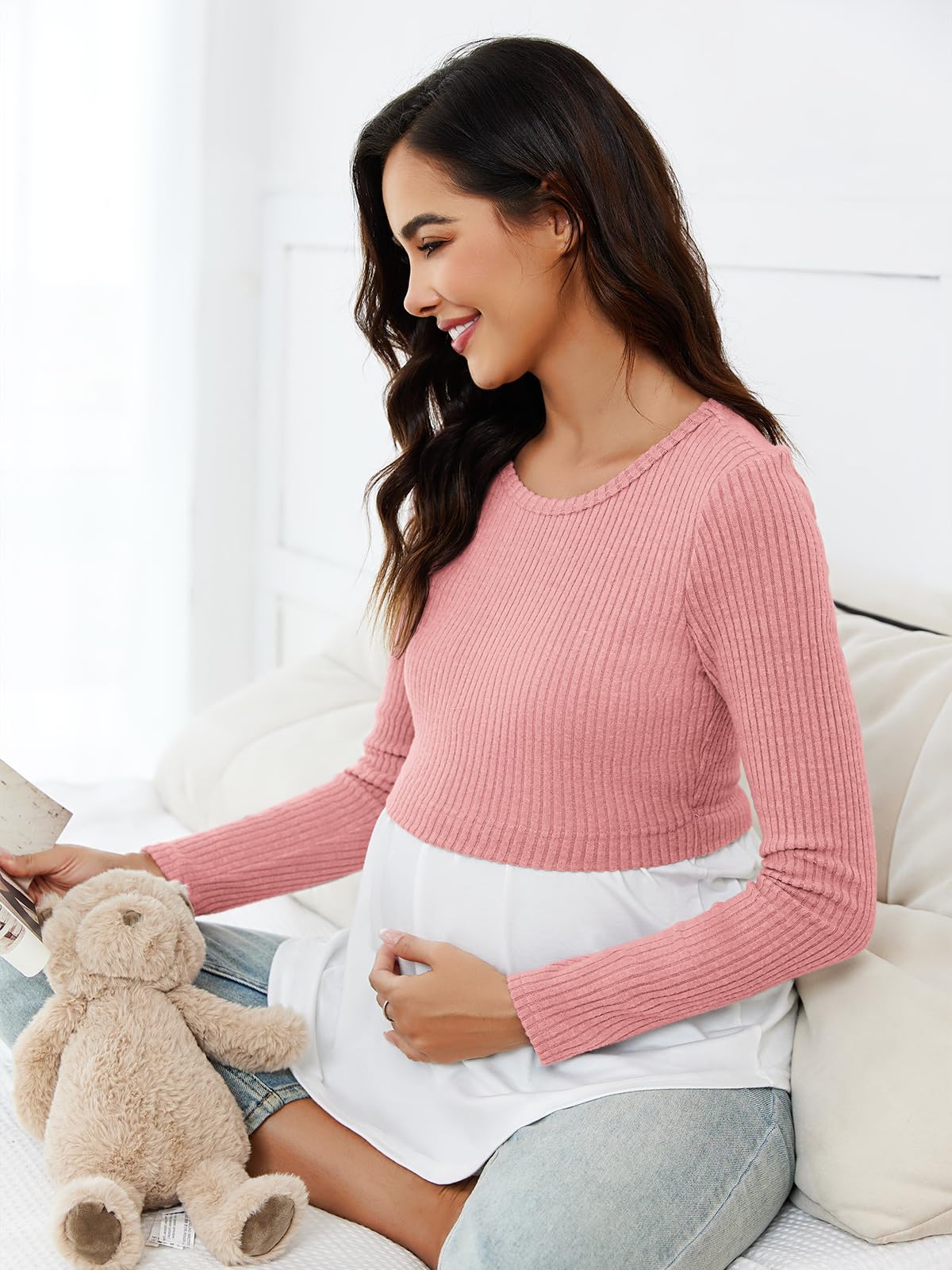 Women's Maternity Nursing Tops - Long Sleeve Scoop Neck Breastfeeding Shirts with Patchwork Design - Comfortable Pregnancy Clothes for Nursing Moms at Home & Work