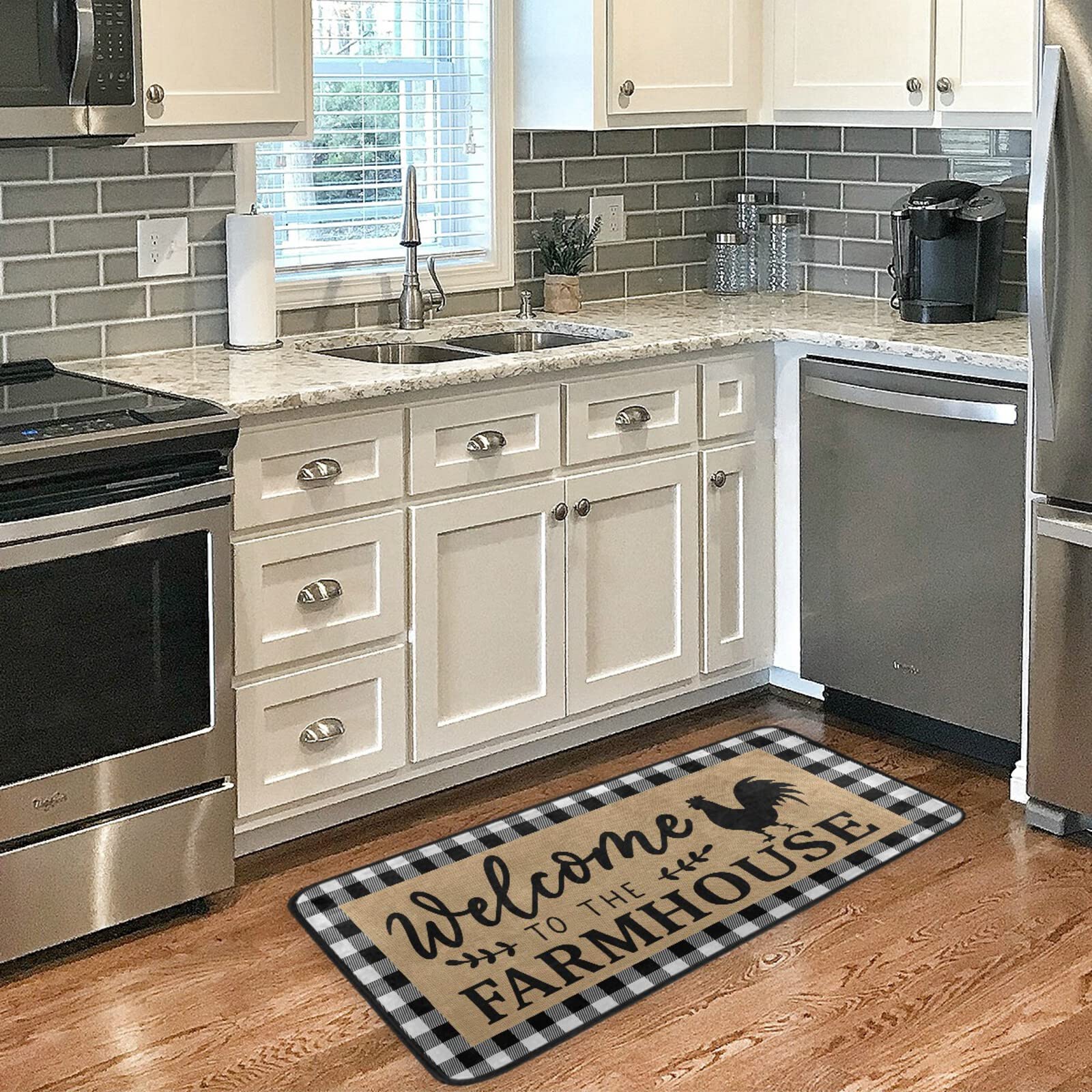 Non-Slip White Buffalo Plaid Kitchen Rugs - Farmhouse Style Cushioned Floor Mats (39x20 Inches) | Washable Anti-Fatigue Mats for Kitchen, Laundry Room, Sink Area & Office | Home Decor Welcome Mat