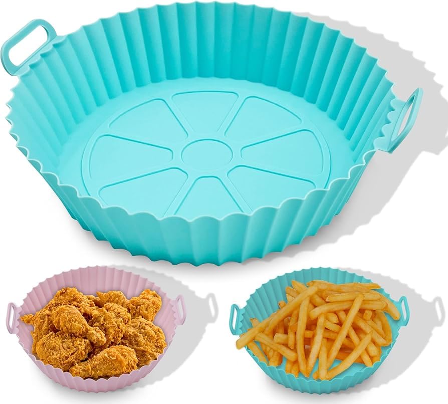 Reusable Silicone Air Fryer Liners (2-Pack) - Non-Stick, Heat-Resistant Baking Mats for Air Fryers, Ovens & Steamers - Easy to Clean, Eco-Friendly, Round with Handle - Perfect for Healthy Cooking & Meal Prep