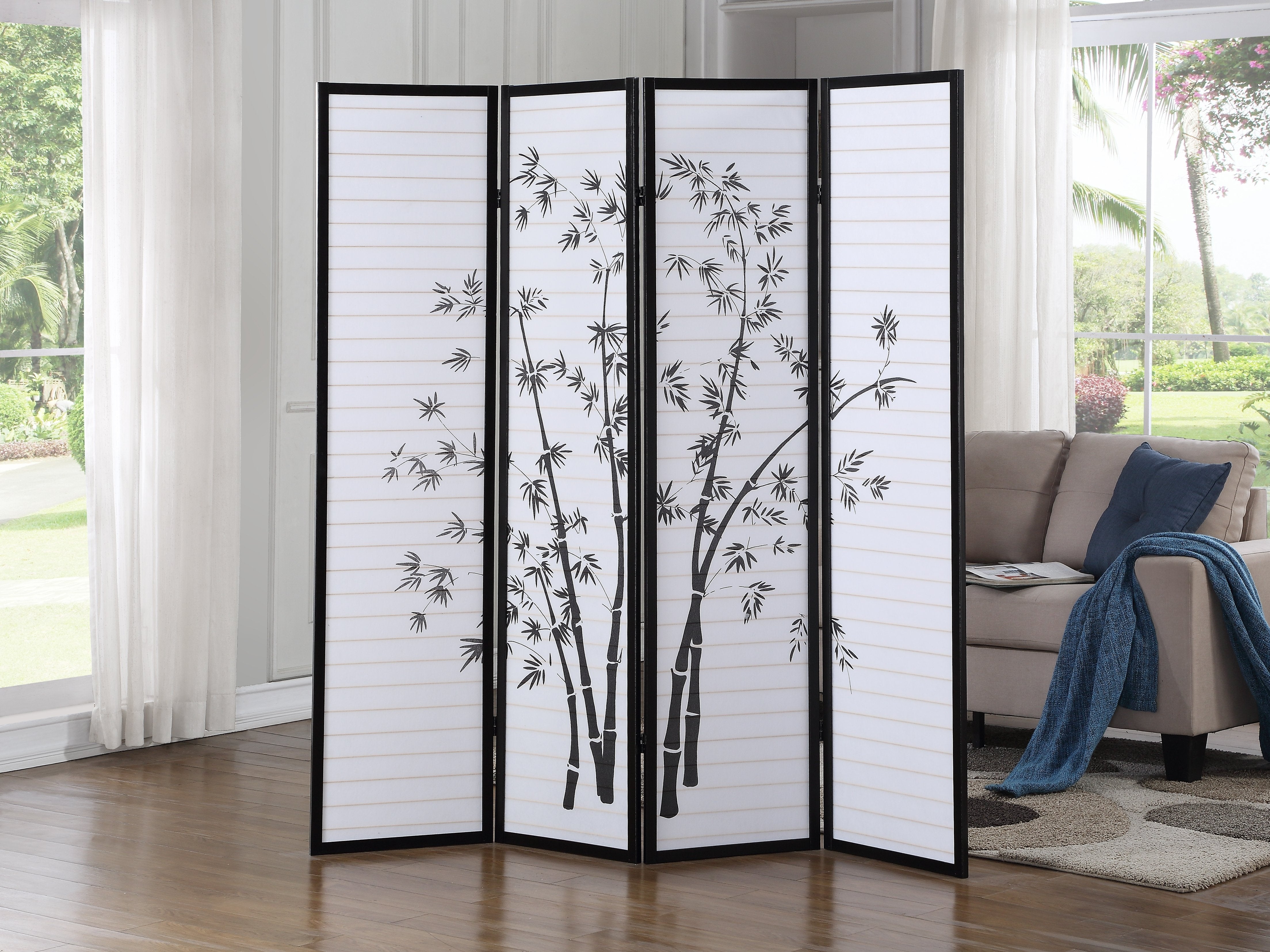 Roundhill Furniture Bamboo Print 4 Panel Folding Room Divider Screen - Handcrafted Asian Style Privacy Partition for Home, Office & Event Decor