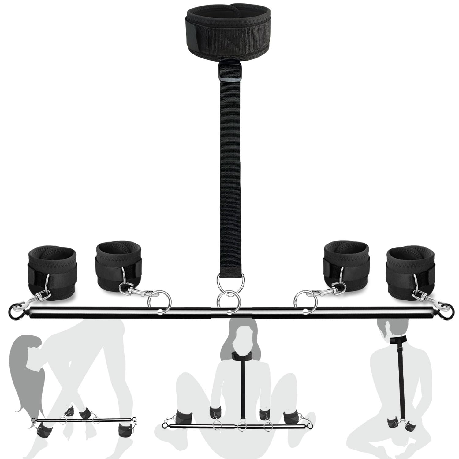 Premium BDSM Restraint Kit - Adjustable Handcuffs, Ankle Cuffs & Neck Collar with Spreader Bar for Couples | Bondage Toys for Kinky Sex, Role Play & Sensory Play | Perfect for Bedroom Fun & Adult Playtime
