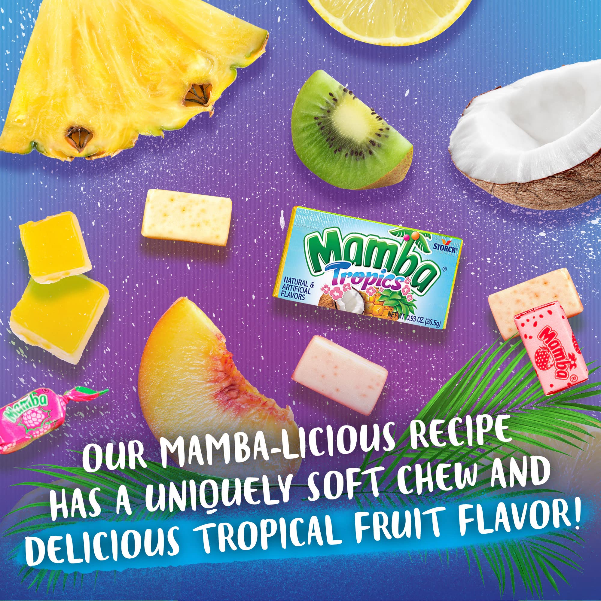 Mamba Tropics Fruit Chews Candy - 24 Count Pack (24 Individual Packs) | Assorted Fruit Flavored Soft Candy | Perfect for Parties, Snacking & Lunchboxes