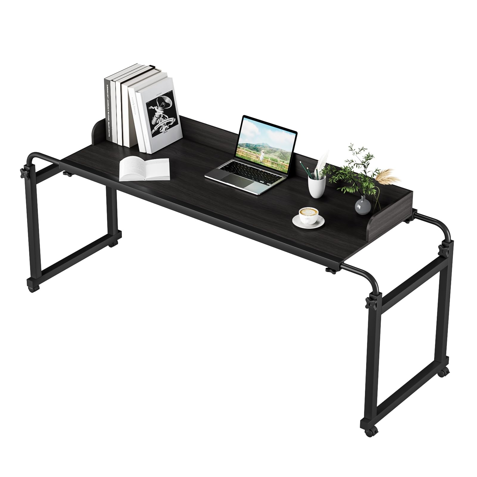 Adjustable Over Bed Table with Wheels - Rolling Laptop Cart & Standing Workstation for Home Office, Bedroom & Hospital Use - Sturdy Metal Legs Tray Table in Matte Black - Perfect for Eating, Working & Patient Care