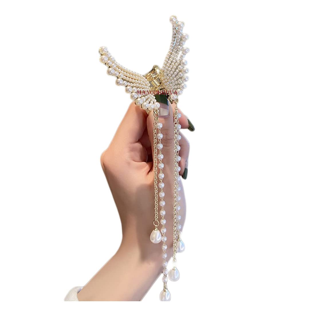 Elegant MANODHRUVA Pearl & Stone Hair Clips for Women - Wedding, Party & Everyday Hair Accessories | Butterfly Claw Clip, Metal Hair Clutcher for Girls & Women