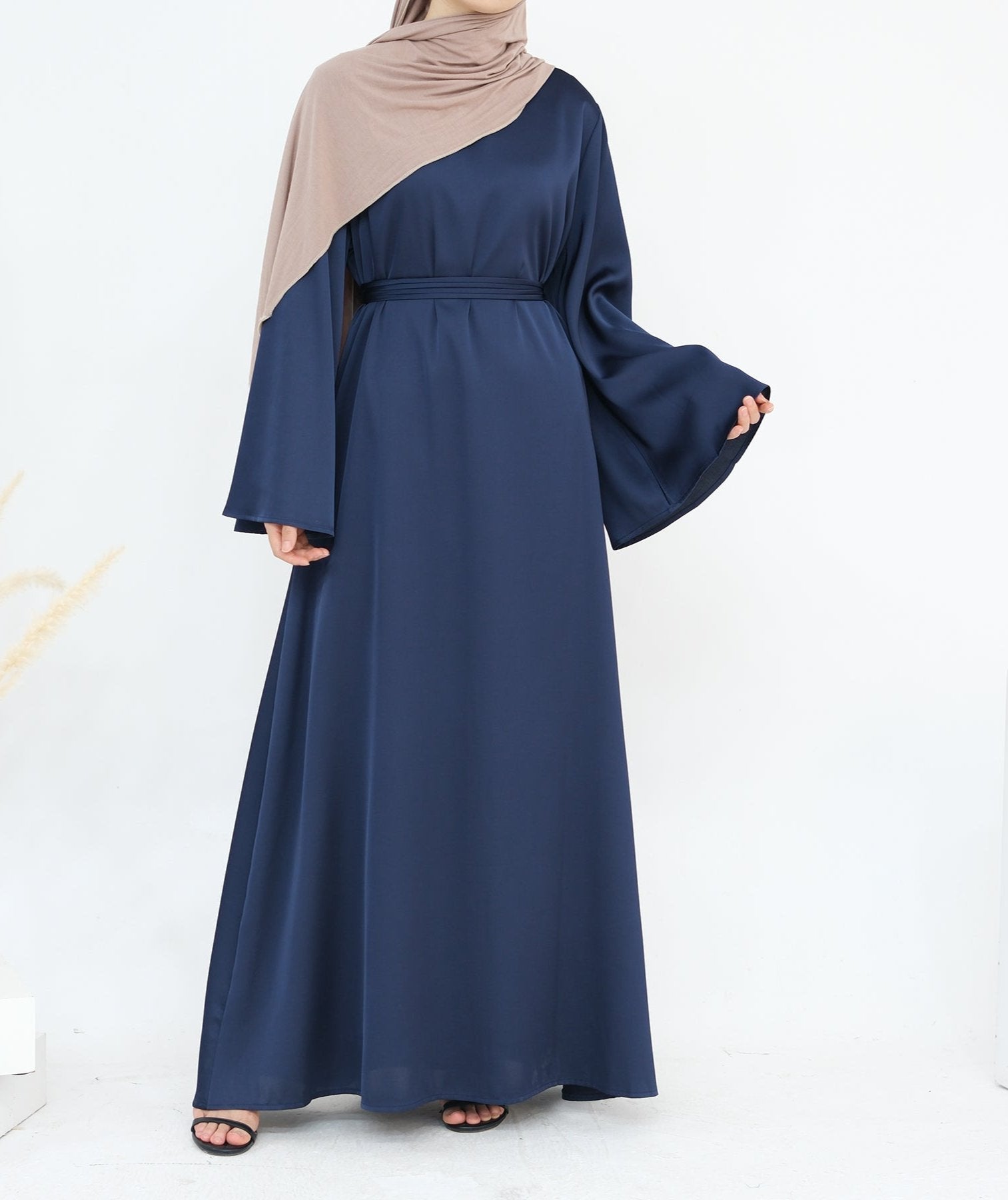 Elegant Calista Trumpet Sleeves Satin Dress in Denim Blue - Perfect for Weddings, Parties & Special Occasions