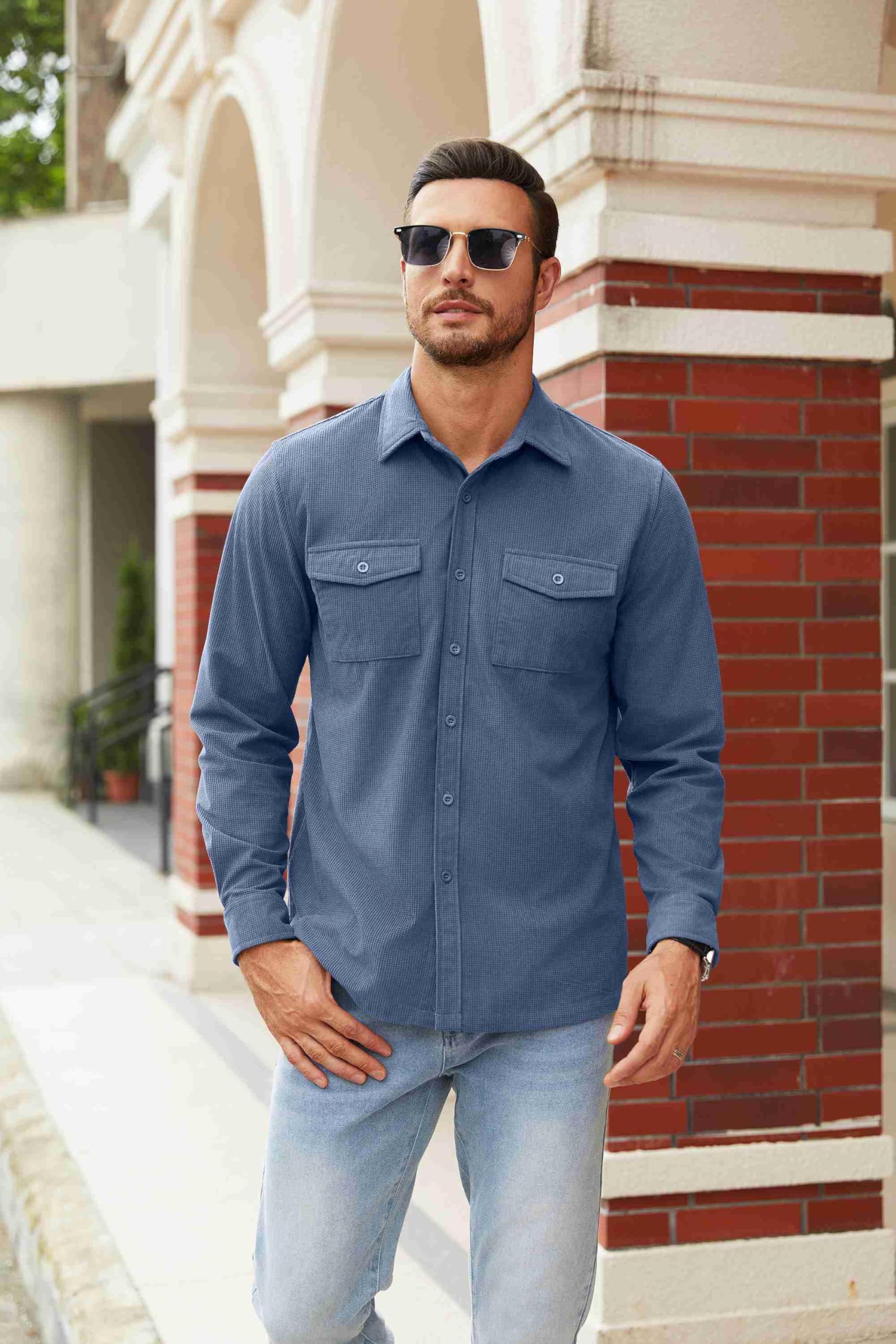 COOFANDY Men's Casual Waffle Button Down Shirt Jacket - Lightweight Long Sleeve Shacket with Flap Pockets for Fall Layering & Outdoor Activities