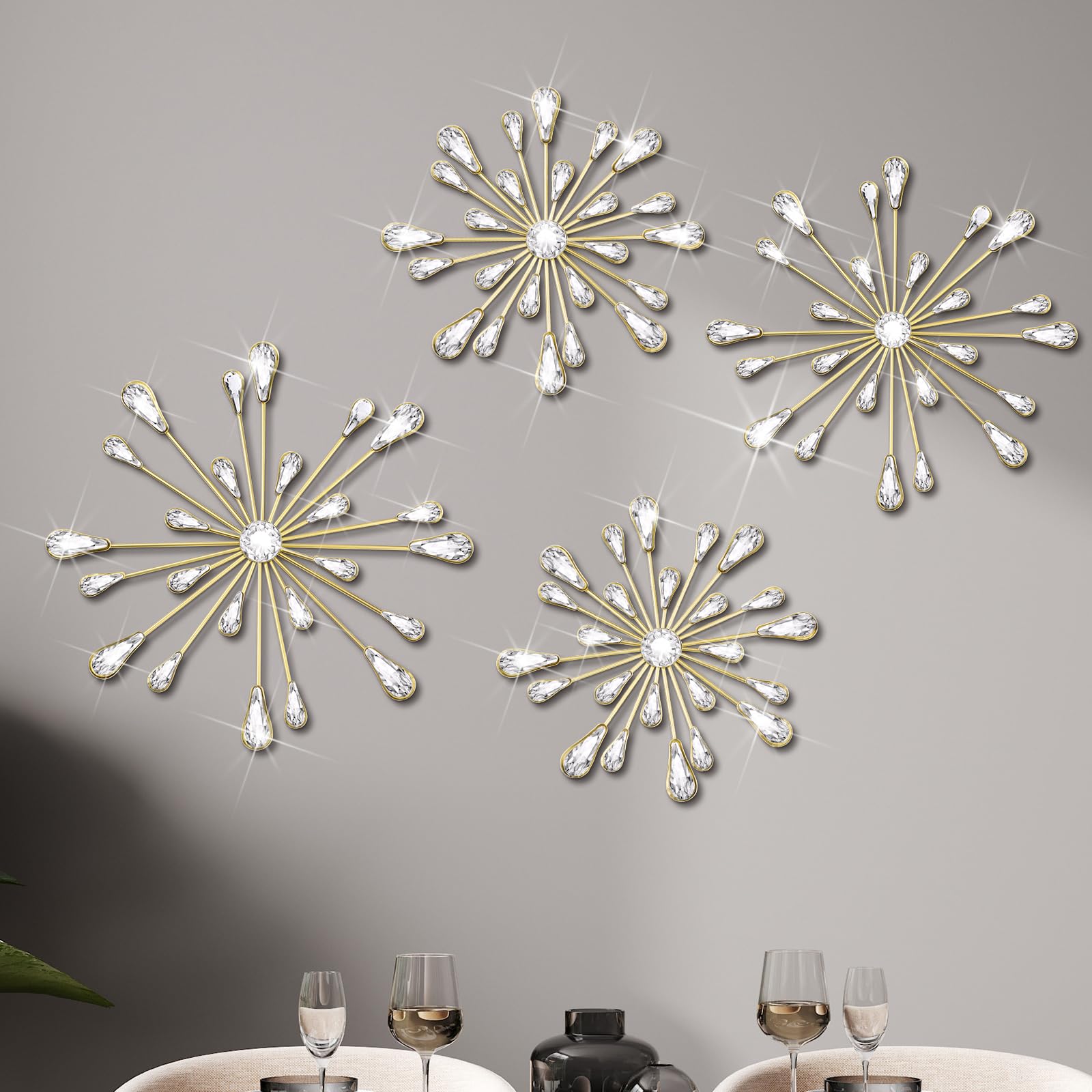Hicarer 4-Piece Starburst Wall Decor Set - Crystal Teardrop 3D Hanging Rhinestone Radial Metal Artwork, Modern Gold Accent Sculptures for Living Room, Home Office, Bedroom - Perfect for Home Decor, Wedding, Party & Gift Giving