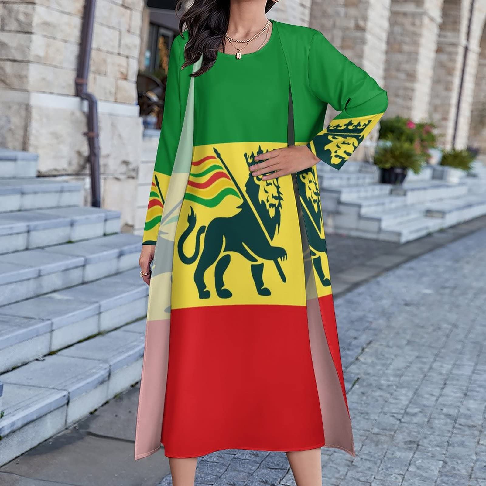 BAIKUTOUAN Ethiopian Rastafarian Lion Flag Women's 2-Piece Maxi Dress Set with Long Sleeves Cape Jacket - Elegant African Print Outfit for Party, Wedding Guest, Evening Prom & Cultural Events