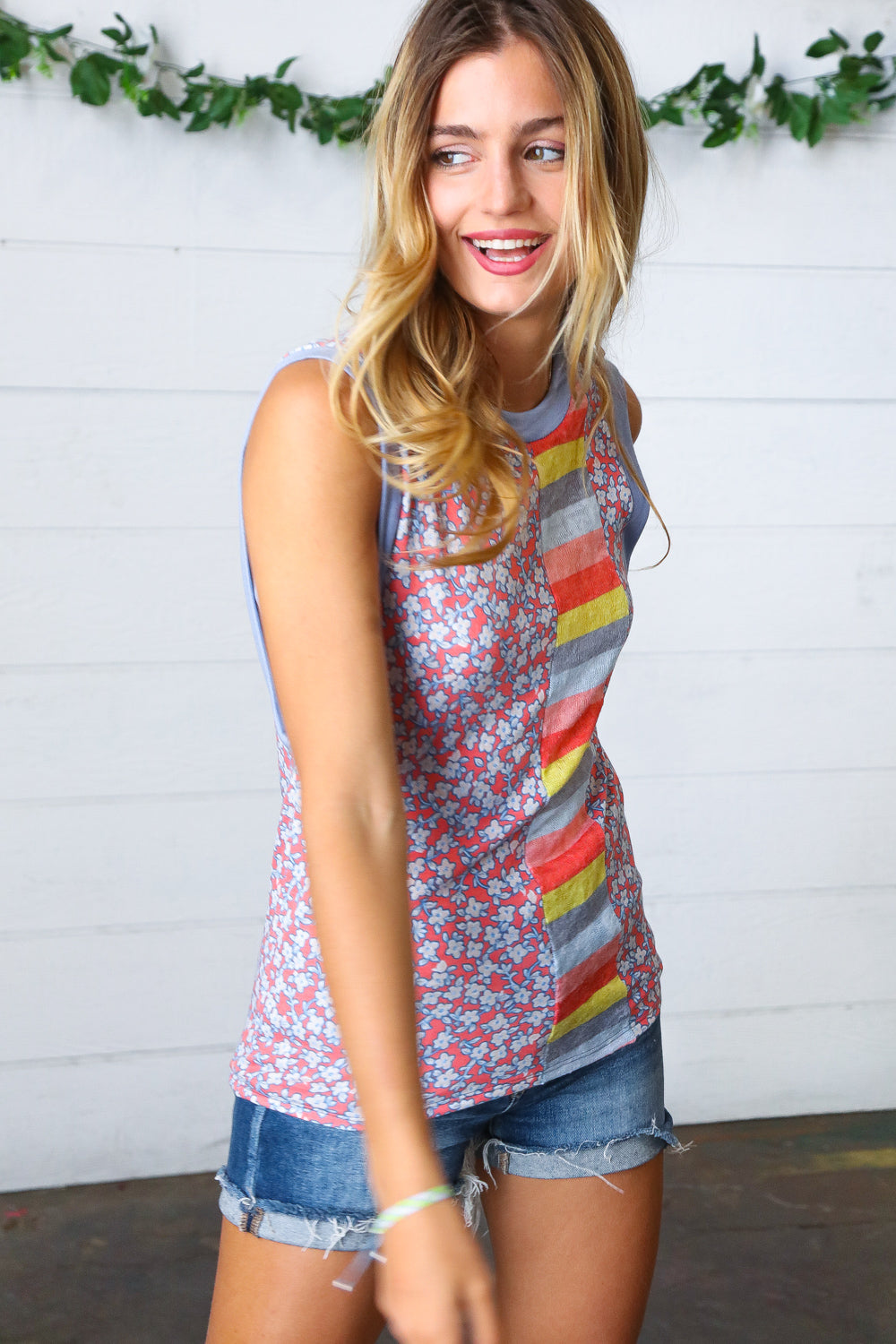 Coral & Denim Stripe Floral Print Tank Top for Women - Summer Beach Vacation Outfit, Casual Streetwear Fashion