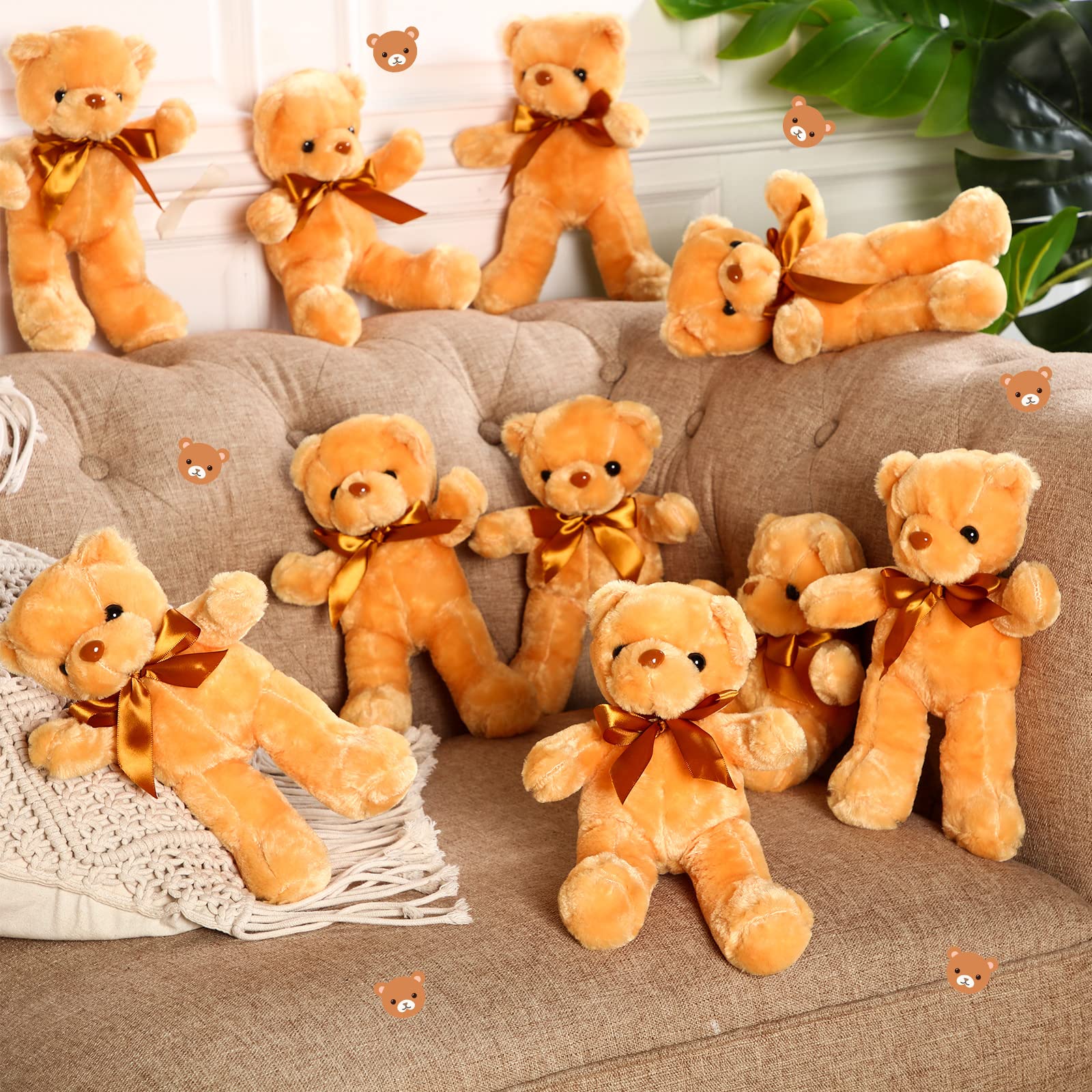 Skylety 10-Piece Bulk Brown Teddy Bear Plush Toys - Soft Stuffed Animals with Ribbon Bows for Kids, Birthday Gifts, Baby Showers & Wedding Favors | Perfect for Party Decorations, Nursery Decor & Gift Baskets