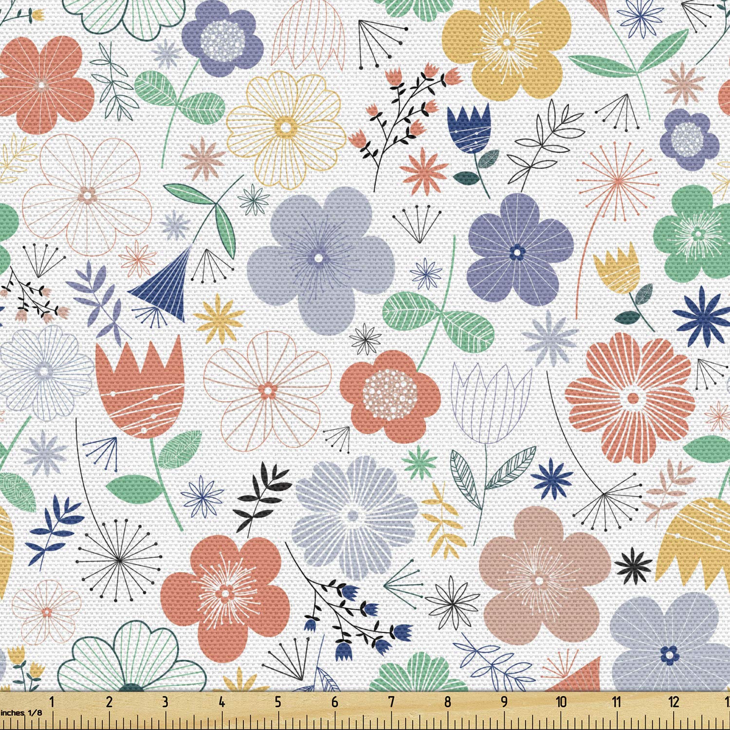 Ambesonne Spring Fabric by The Yard - Scandinavian Style Meadow Flowers on Plain White Background, Decorative Upholstery & Home Decor Fabric - 10 Yards, White & Multicolor - Perfect for DIY Curtains, Throw Pillows & Table Runners