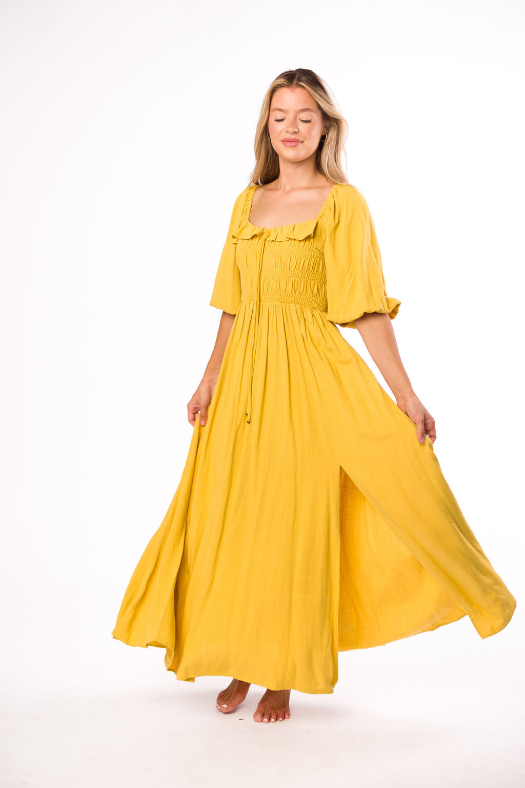 Devon Smocked Maternity Maxi Dress in Mustard Yellow - Bump Friendly Flowy Summer Dress for Pregnancy, Beach Vacations & Special Occasions