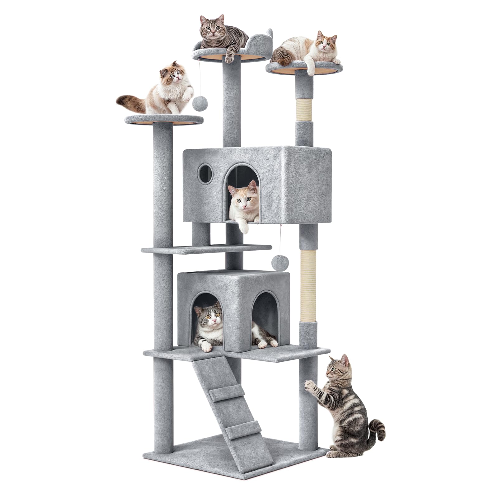 **MoNiBloom 70-Inch Tall Cat Tree Tower with 2 Condos & Scratching Posts - Sturdy Cat Climbing Tower for Indoor Cats, Light Grey - Perfect for Play, Rest & Scratching in Small Spaces**