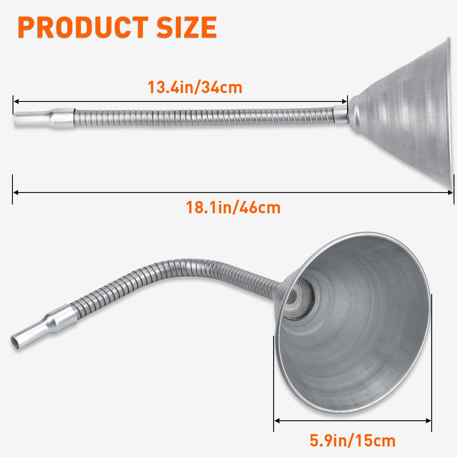 Flexible Steel Universal Spout Funnel with Filter - Bendable Galvanized Funnel for Automotive Oils, Diesel Fuel & Liquids - Perfect for Car Maintenance, DIY Projects & Home Use