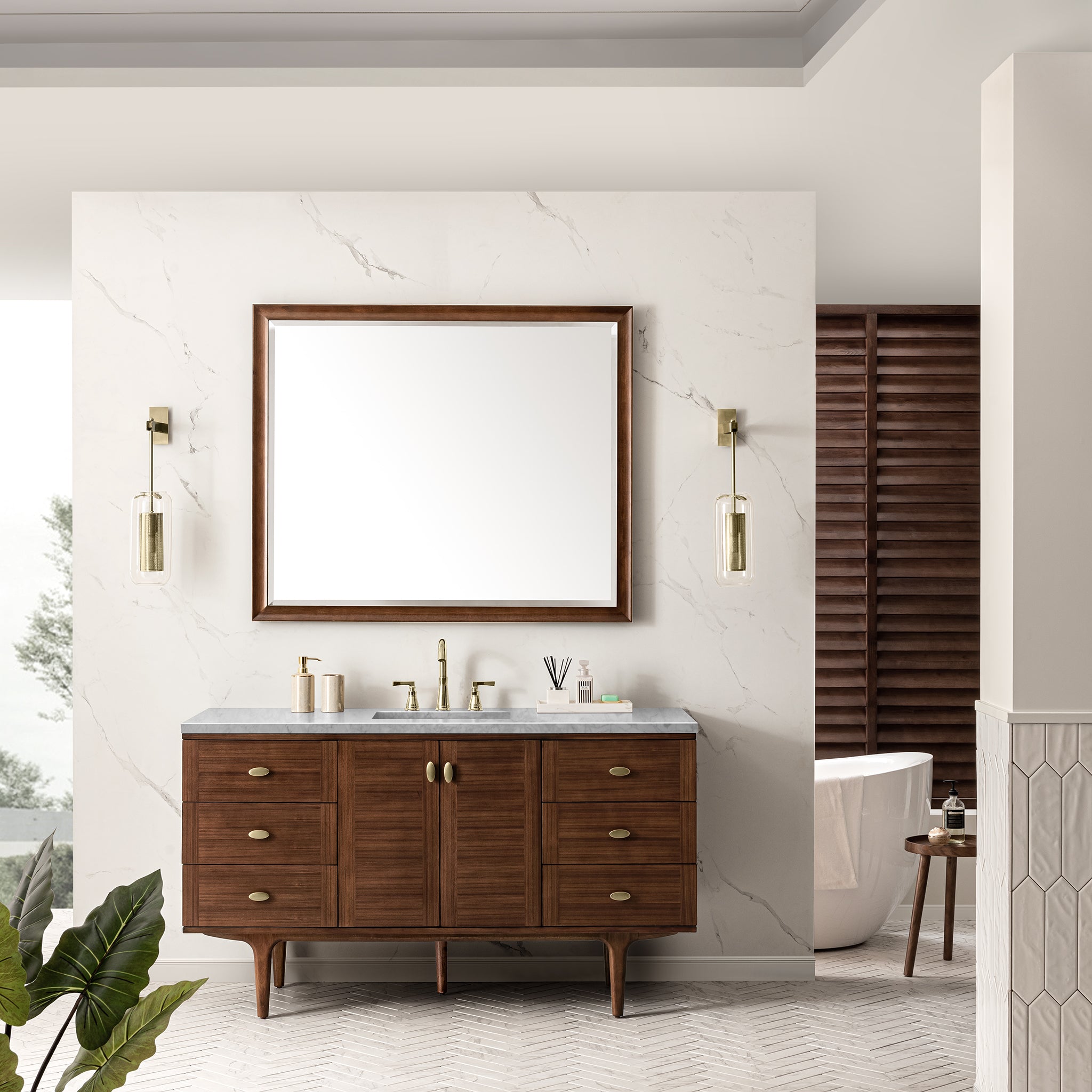 Amberly 60 Inch Single Bathroom Vanity with Carrara Marble Top - Mid Century Modern Walnut Vanity for Small Bathrooms - Perfect for Master Bath, Guest Bath & Powder Room Remodeling