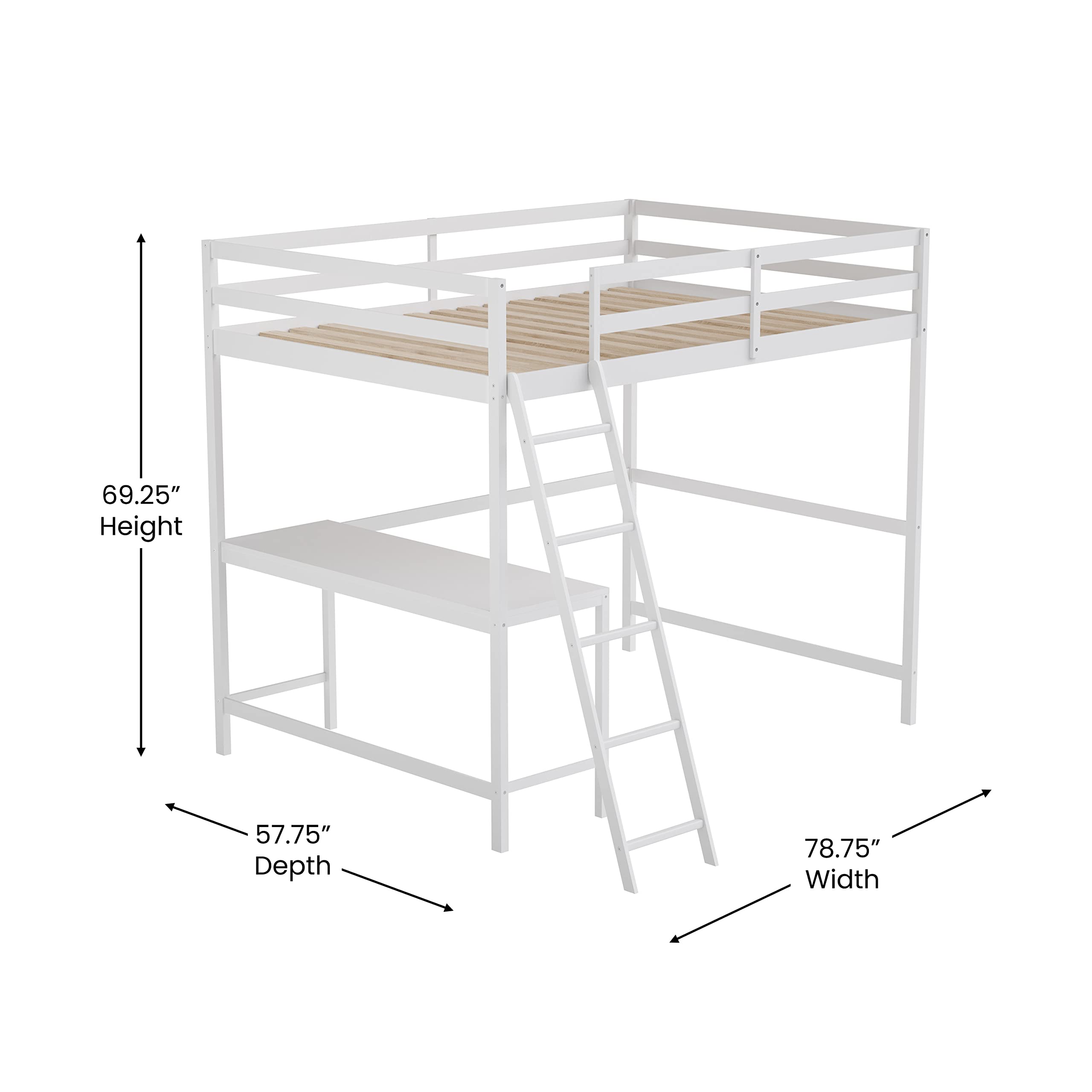 White Full Size Loft Bed Frame with Desk & Wood Slats - Sturdy Protective Guard Rails & Space-Saving Ladder - Perfect for Kids & Teens Bedrooms - Ideal for Small Spaces & Dorm Rooms
