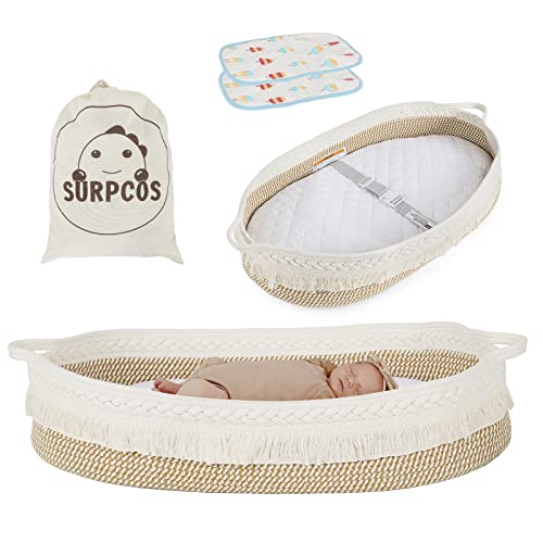 SURPCOS Baby Changing Basket - Woven Cotton Rope Moses Basket with Thick Foam Pad & Removable Cover | Built-in Safety Strap & Waterproof Pad | Nursery, Bedroom, Travel Diaper Changing Station (Flounce Ruffle Design)