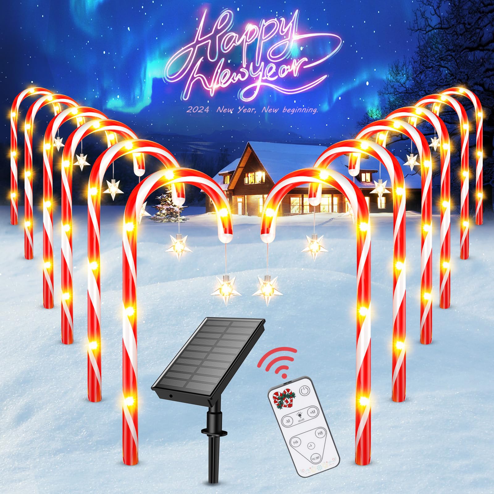 12-Pack Large Solar Candy Cane Christmas Decorations with Wireless Remote Control - Outdoor Yard Decor for Holidays - Bright All Night with 9 Lighting Modes - Perfect for Front Lawn, Garden, Pathway, and Porch Decorating
