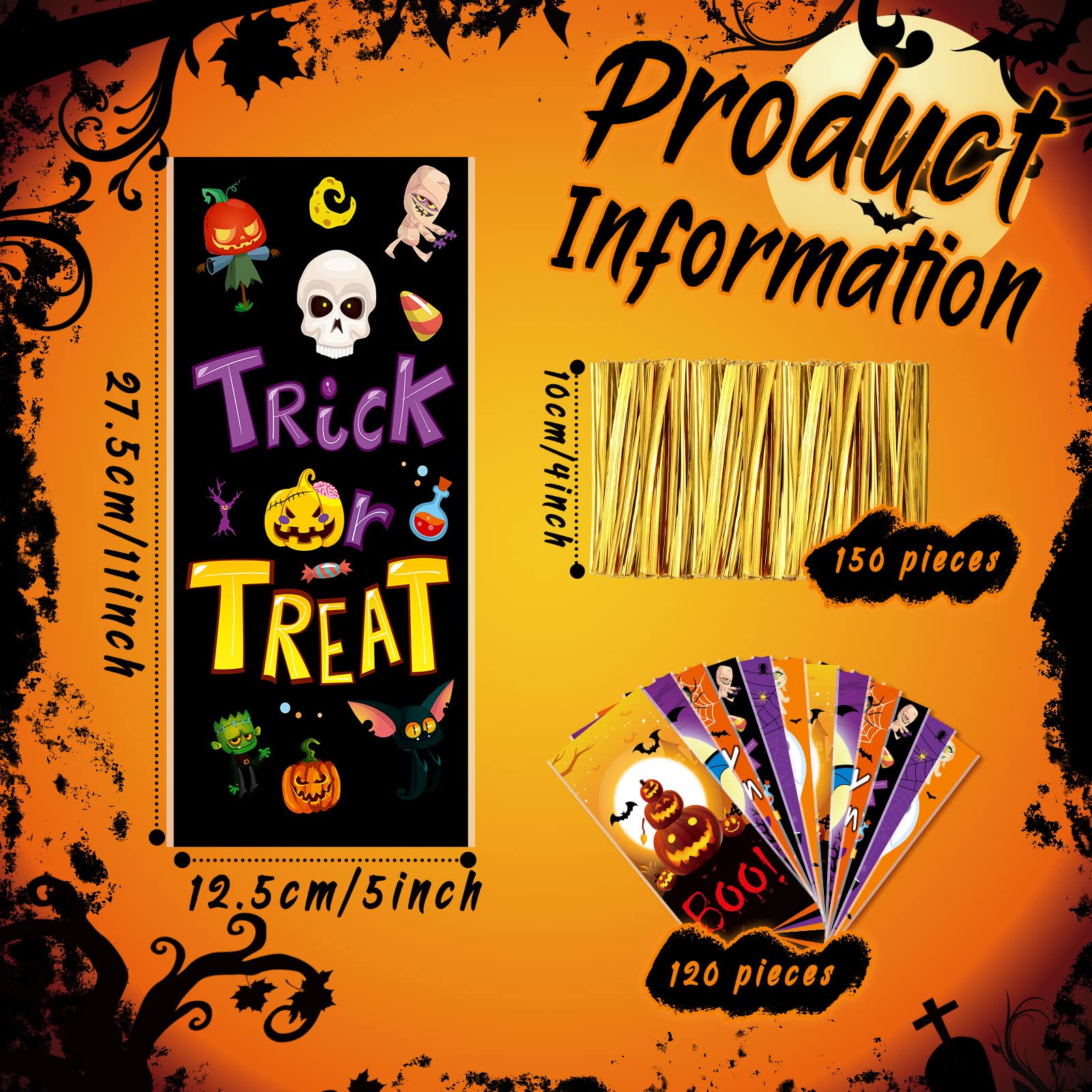 Hotop 120 Pcs Halloween Cellophane Bags with 150 Gold Twist Ties - Plastic Trick or Treat Candy Goodie Bags for Halloween Party Favors, Cookie Treats & Gift Wrapping