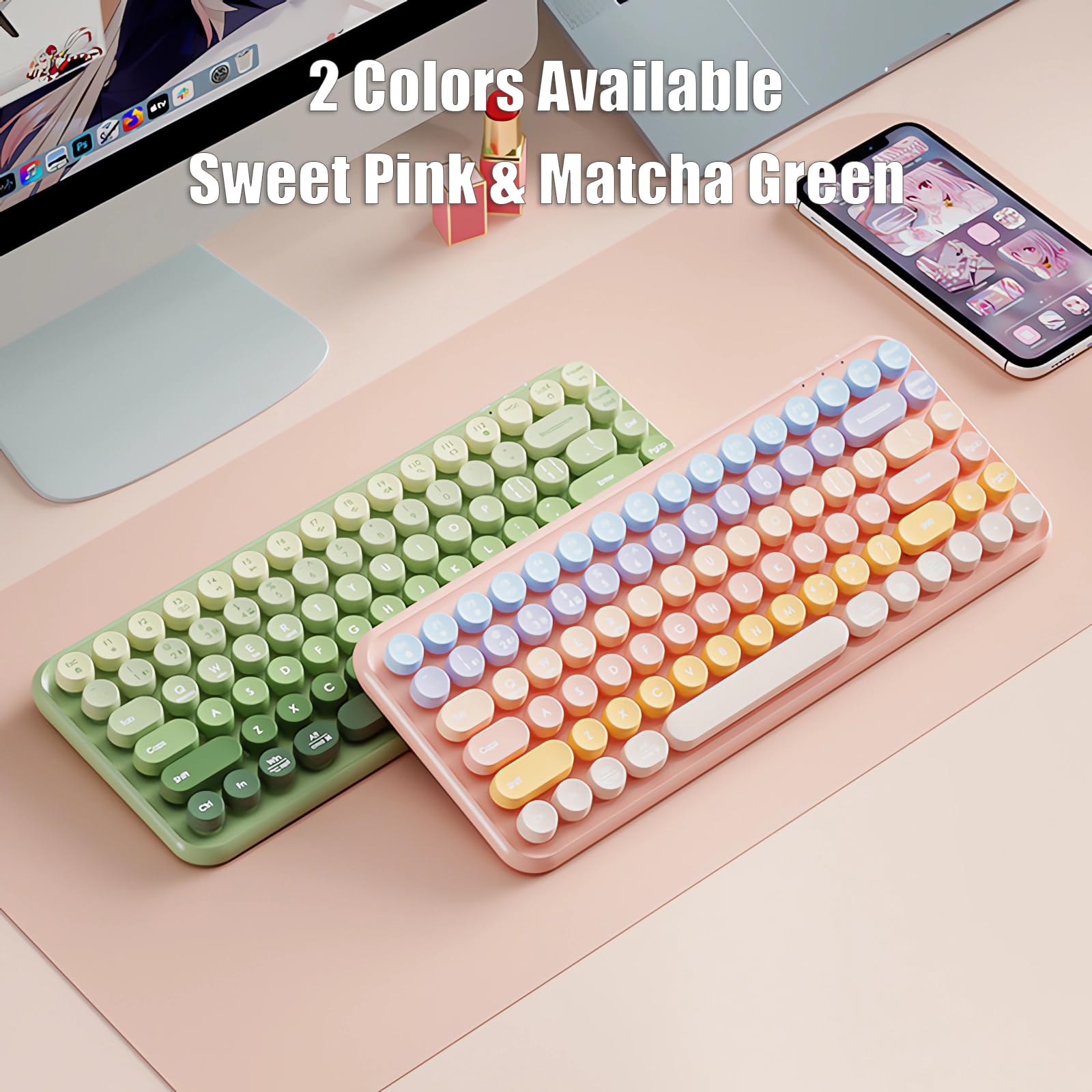 Wireless Typewriter Keyboard - 2.4G/Bluetooth/USB-C, 85-Key Retro for Gaming & Office, Matcha Green