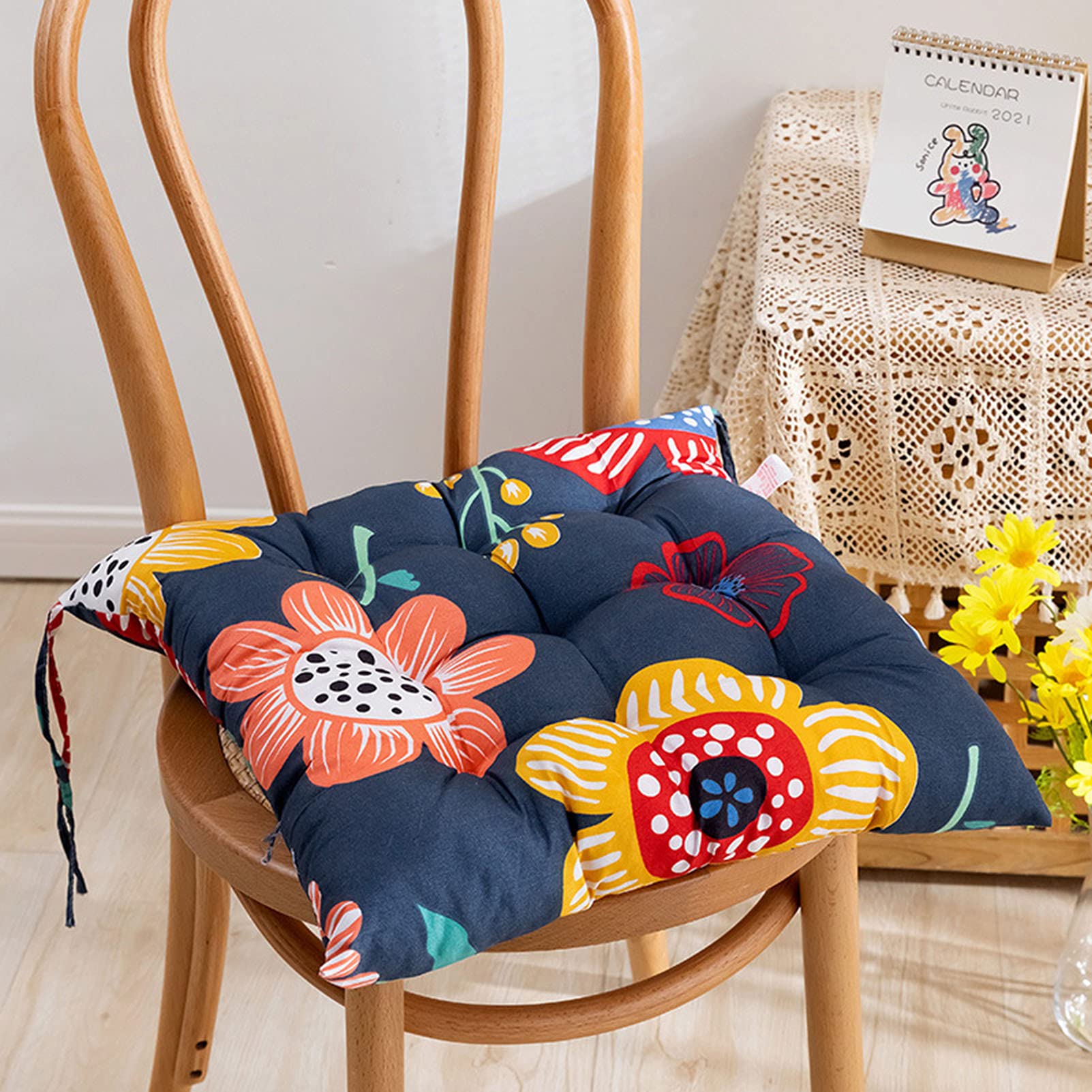 2-Pack Cotton Quilted Square Dining Chair Cushions with Lace-up Design - Comfortable Seat Pads for Kitchen, Dining Room, Office, Garden & Car Use