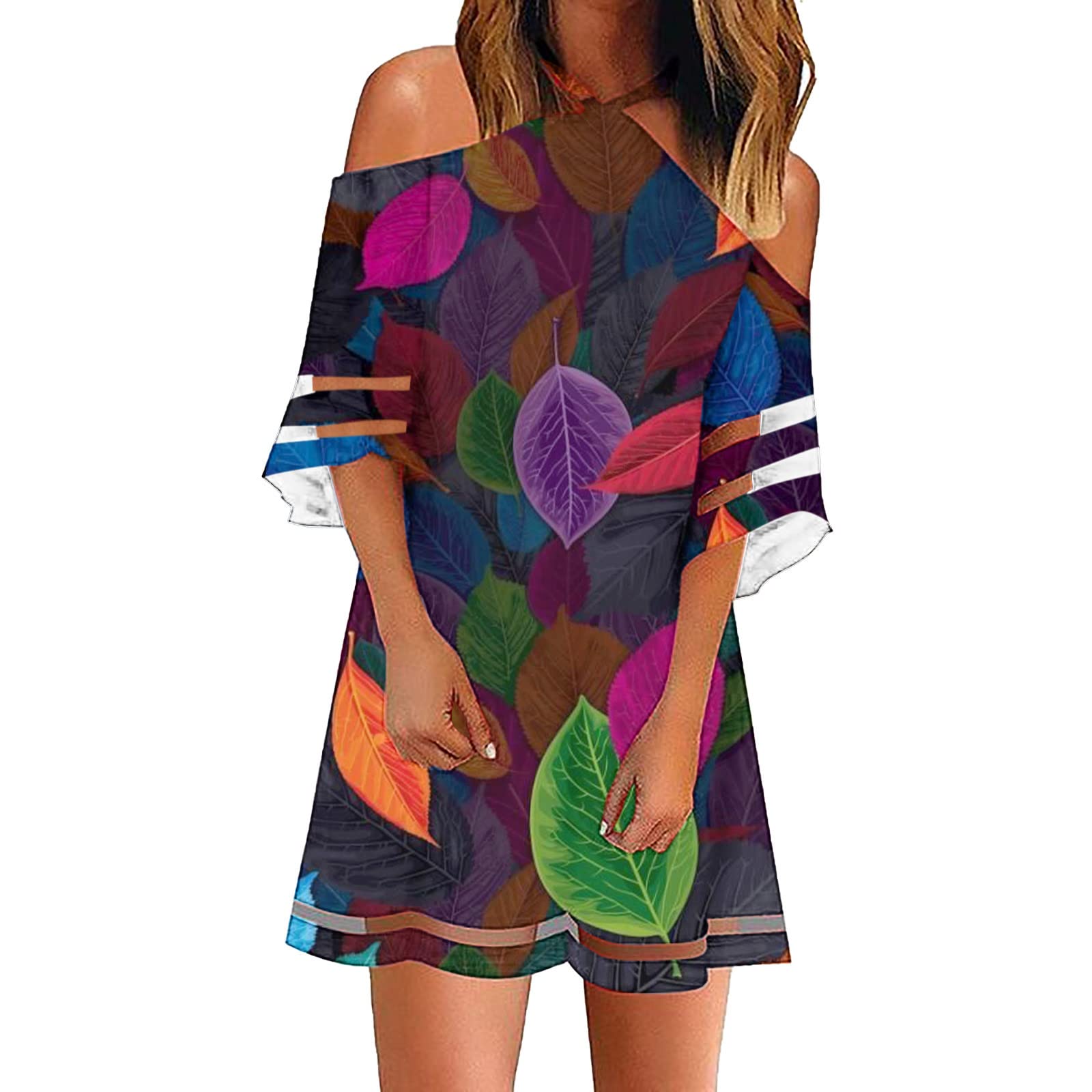 Women's Summer Casual Sexy Cold Shoulder Mini Sundress - Beach Halter Neck Half Sleeve Dress for Vacation, Pool Party & Outdoor Date