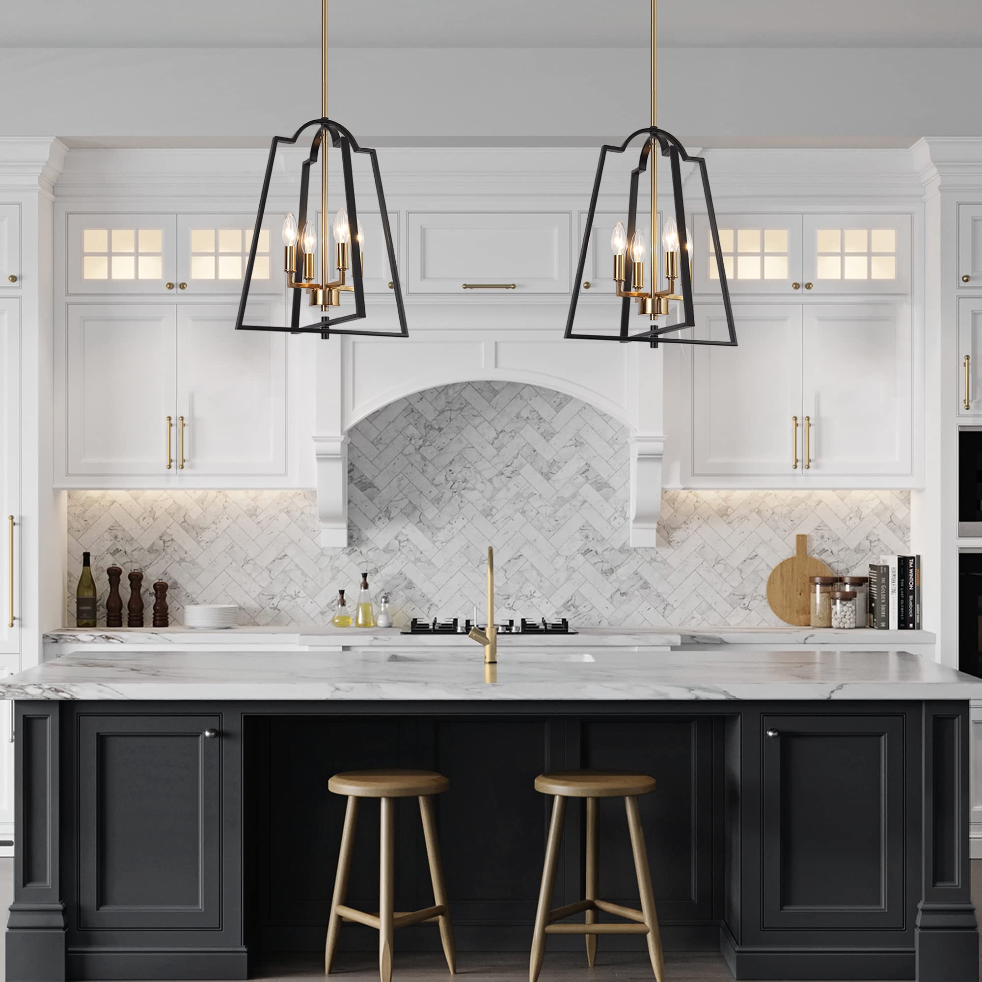 ZEVNI Black Gold 4-Light Chandelier - Modern Lantern Cage Pendant Light Fixture for Kitchen Island, Dining Room, Living Room, Bedroom, Foyer & Entryway | Elegant Lighting for Home Decor & Interior Design