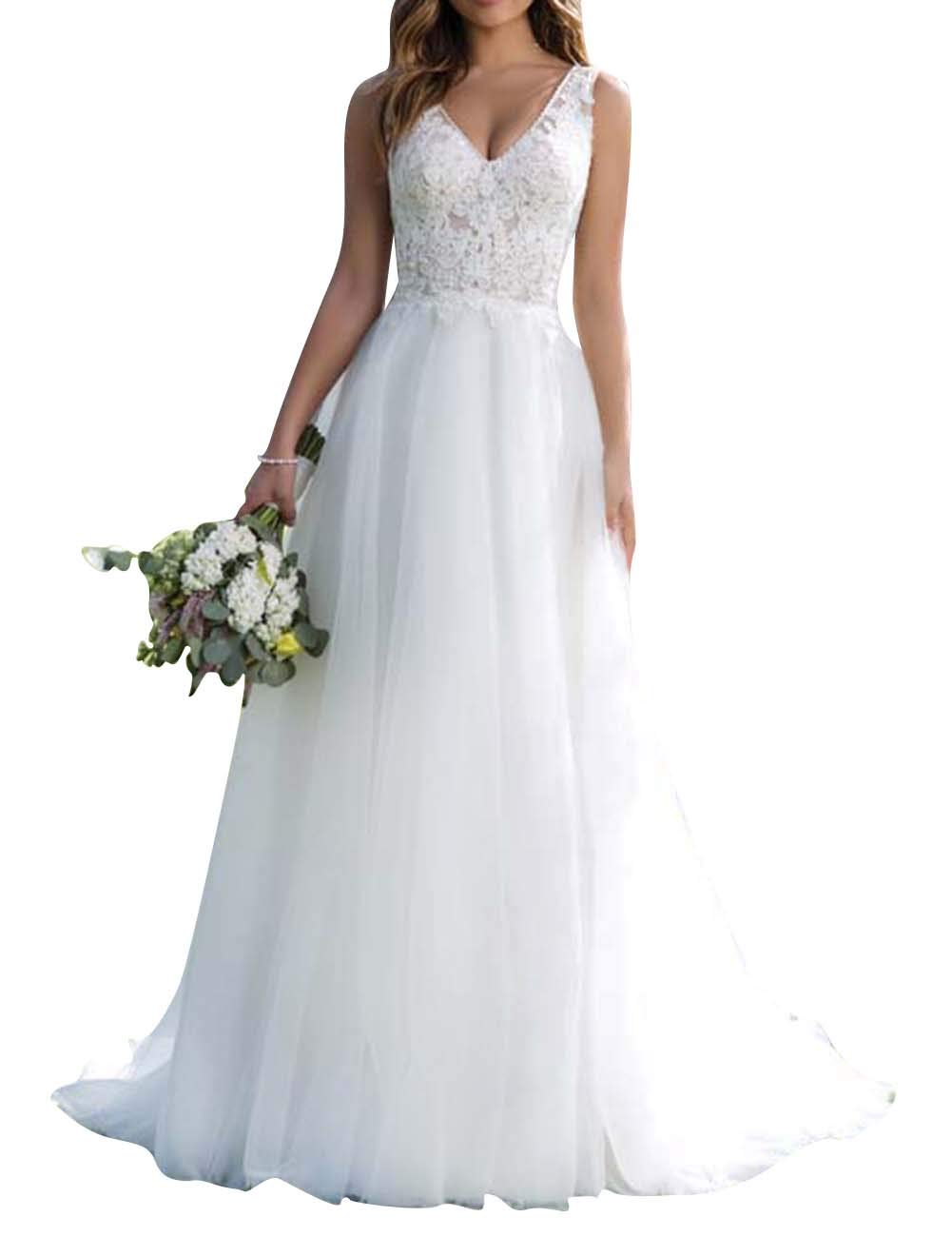 Elegant Beach Wedding Dress with Lace Appliques & V-Neck Tulle Gown – Perfect for Beach Brides, Destination Weddings & Romantic Ceremonies
