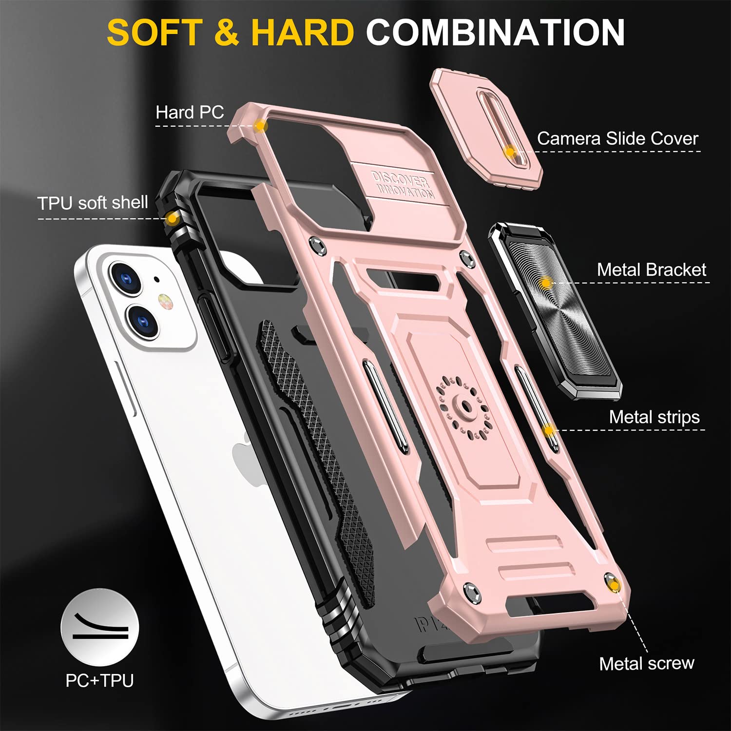 Premium Magnetic Phone Case for iPhone 12/12 Pro - Rose Gold with Camera Cover, Ring Holder Kickstand & Car Mount | Slim Protective Cover for Work, Travel & Everyday Use