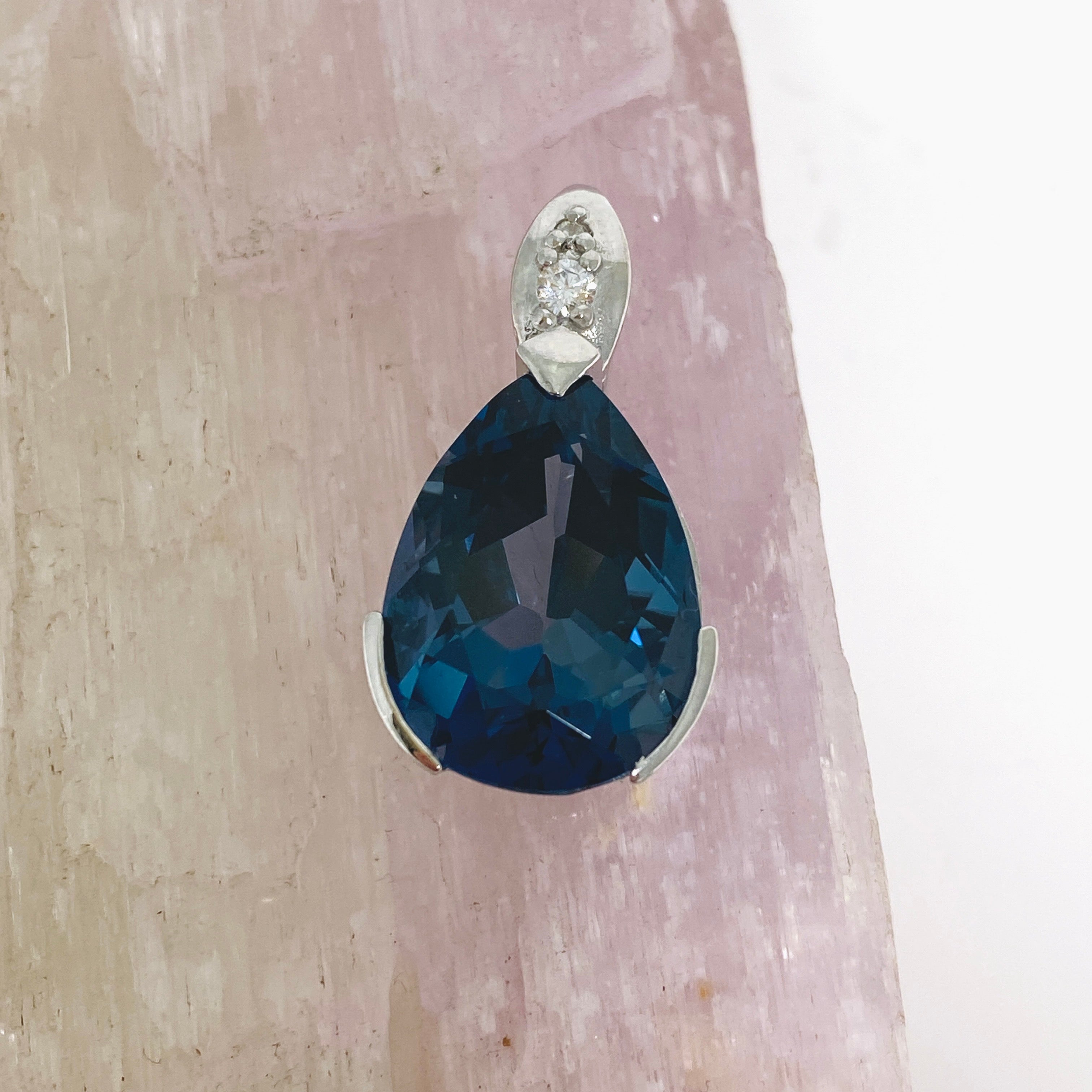 London Blue Topaz Teardrop Faceted Pendant Necklace with CZ Stones - Elegant Jewelry for Women, Perfect for Weddings, Parties & Special Occasions