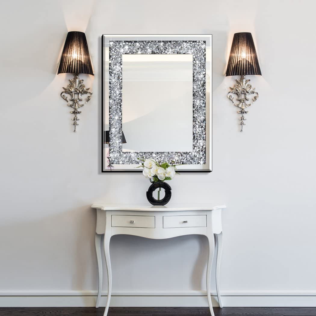 16x20 Inch Silver Crystal Crush Diamond Wall Mirror - Frameless Rectangle Decorative Mirror for Bedroom, Living Room & Bathroom - Sparkling Home Décor with Diamond Accents