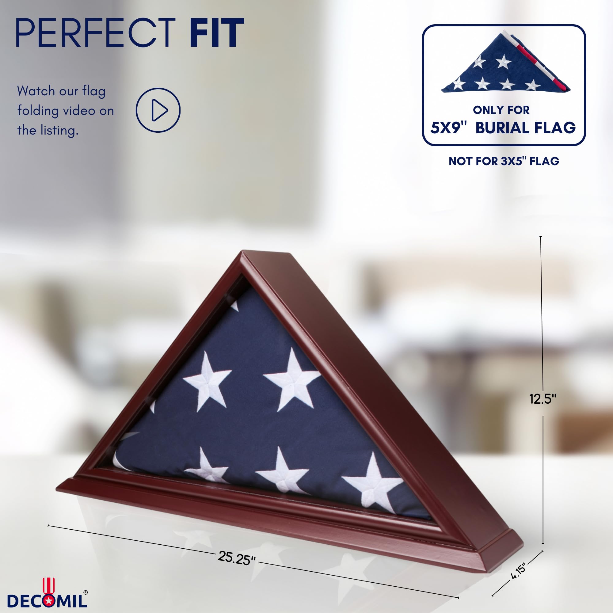 DECOMIL 5x9 American Veteran Burial Flag Display Case - Clear Glass Front, Solid Wood, Cherry Finish, Wall Mounted Shadow Box for Folded Flags - Perfect for Memorial Walls, Military Tribute Displays & Home Decor